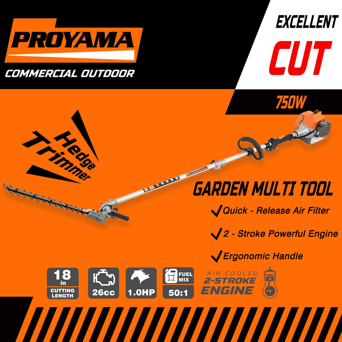 PROYAMA 26cc 6 in 1 Multi Functional Combo Kit, 2 Cycle Gas Powered Hedge Trimmer, Weed Eater Wacker, String Trimmer, Brush Cutter, Edger with 3.3FT Extension Rod