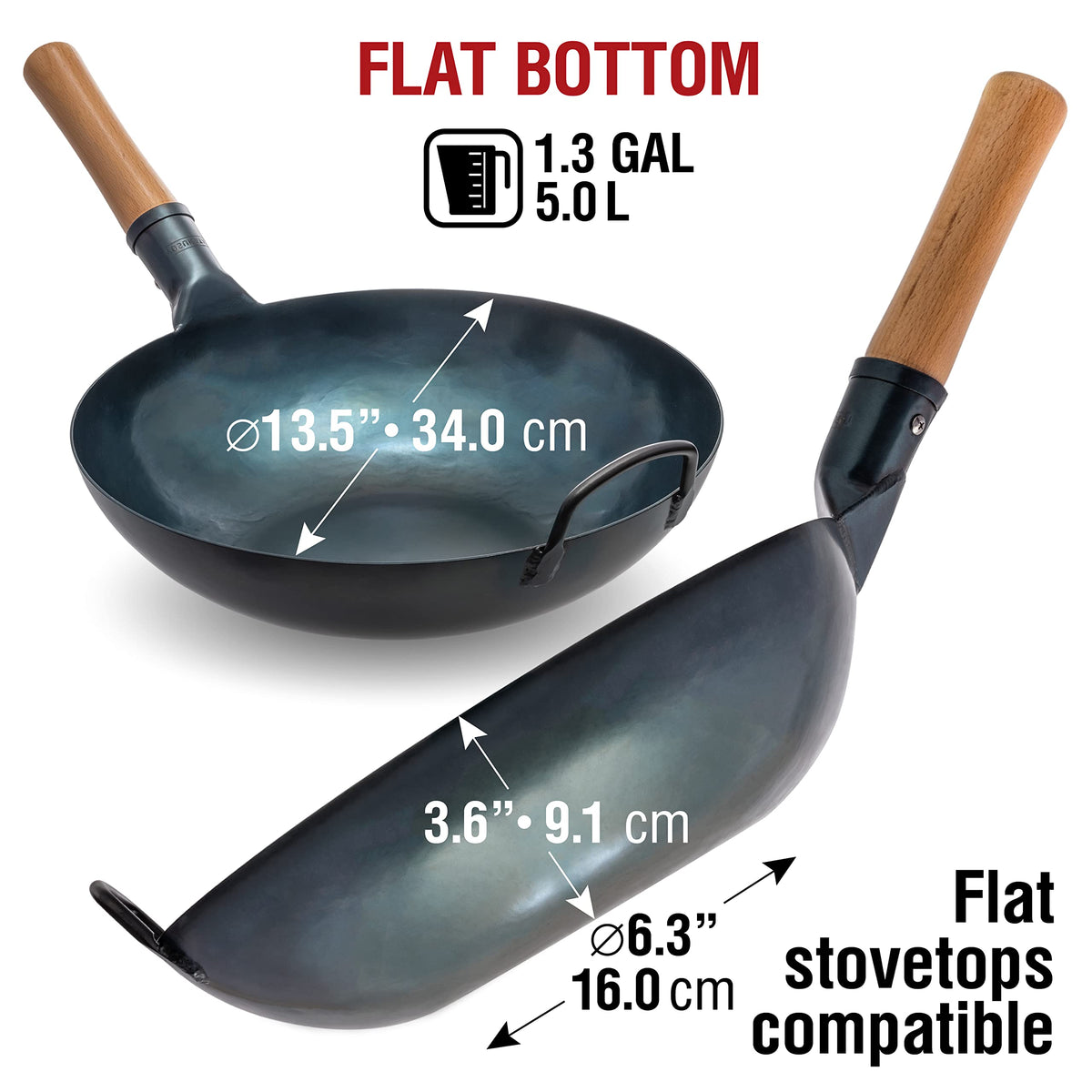 YOSUKATA Flat Bottom Wok Pan - 13.5" Blue Carbon Steel Wok PLUS 17" Wok Spatula and Ladle Skimmer Spoon - Stainless Steel Cooking Utensils Set of 3