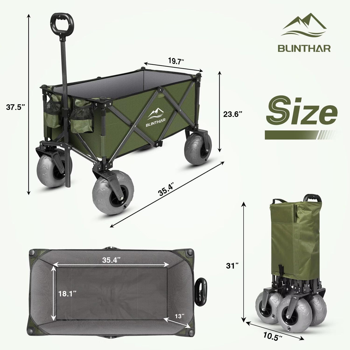 BLINTHAR Beach Wagon with Big Wheels for Sand, Heavy Duty Harder Sand Collapsible Folding Wagon with All-Terrain 9" Pneumatic Ballon Tires, Utility Wagon for Garden Sports Camping Outdoor Activities