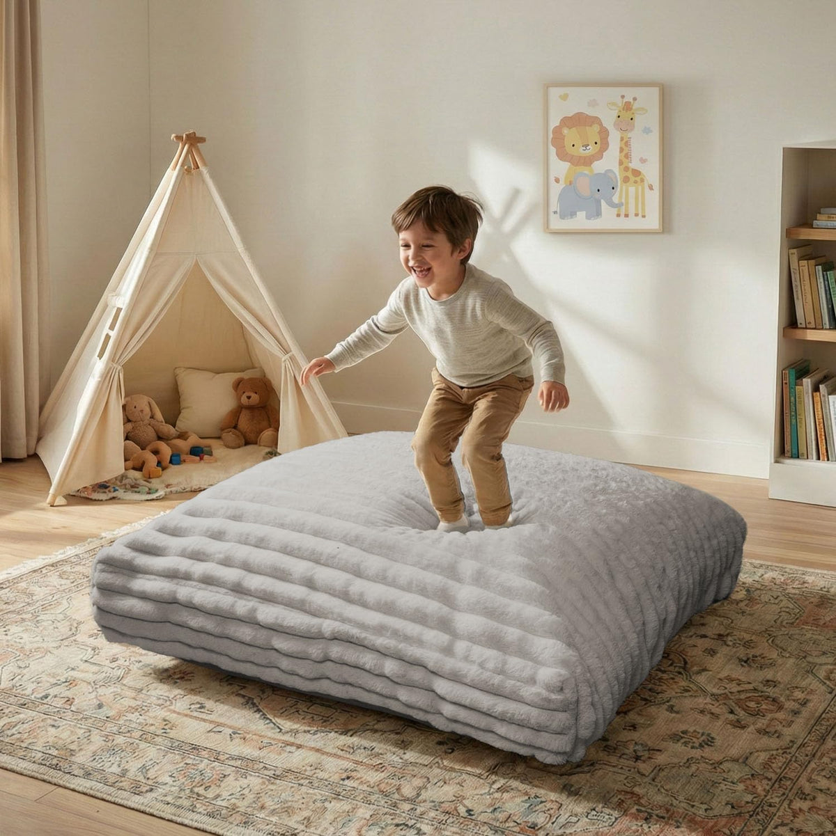 Matini Home Large Crash Pad - High-Density Foam Floor Landing Mat with Washable Cover, Professional Gymnastics Training Equipment for Impact Support, Jumping and Lounging - Light Gray, 60" x 60