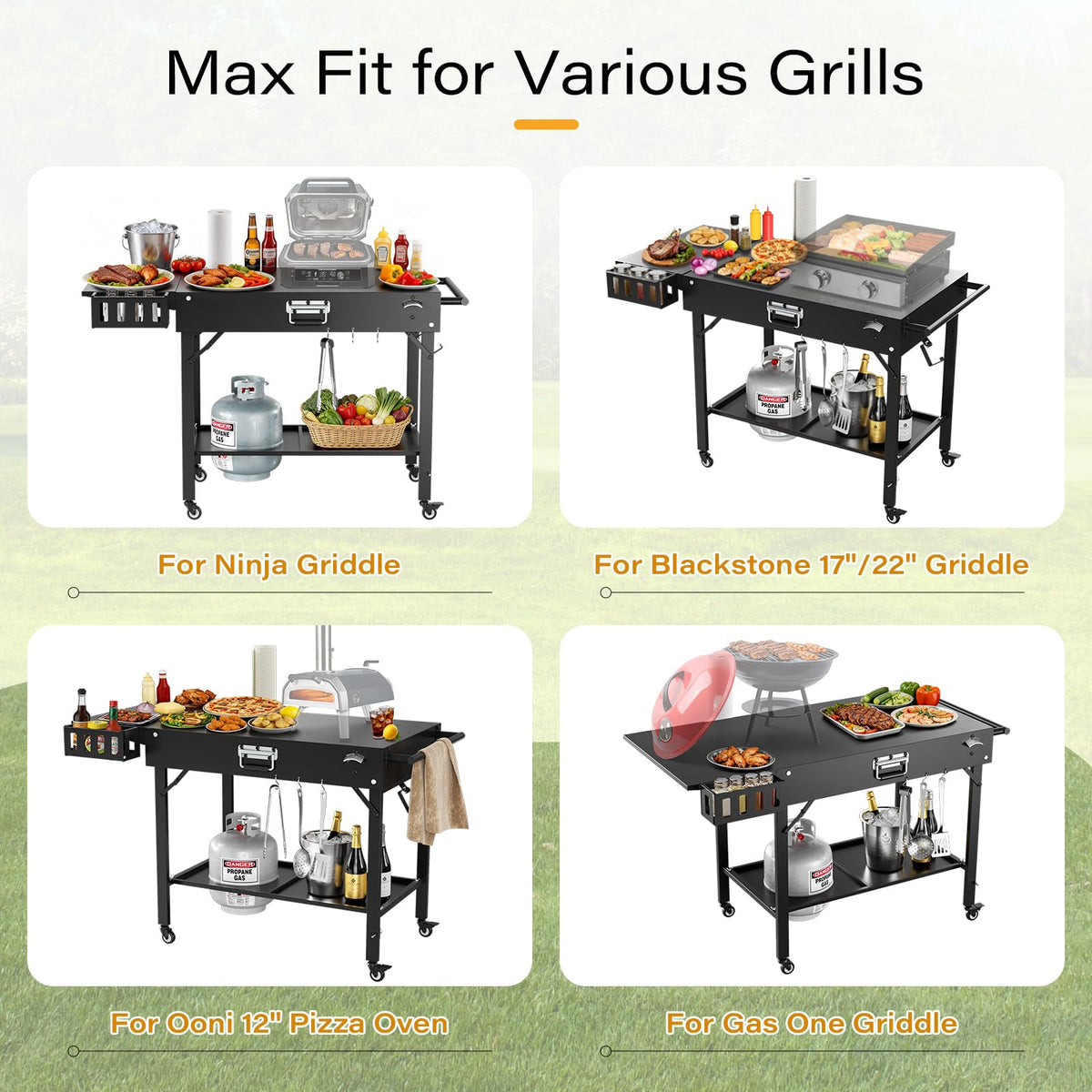 Baotree Outdoor Pizza Oven Table for Blackstone Griddle, Grill Cart Pizza Oven Stand, Foldable Cart Table with Wheels for Ninja, Cuisinart, Gozney, Solo Stove, BBQ Prep Tables Station, 46"x22"x29"