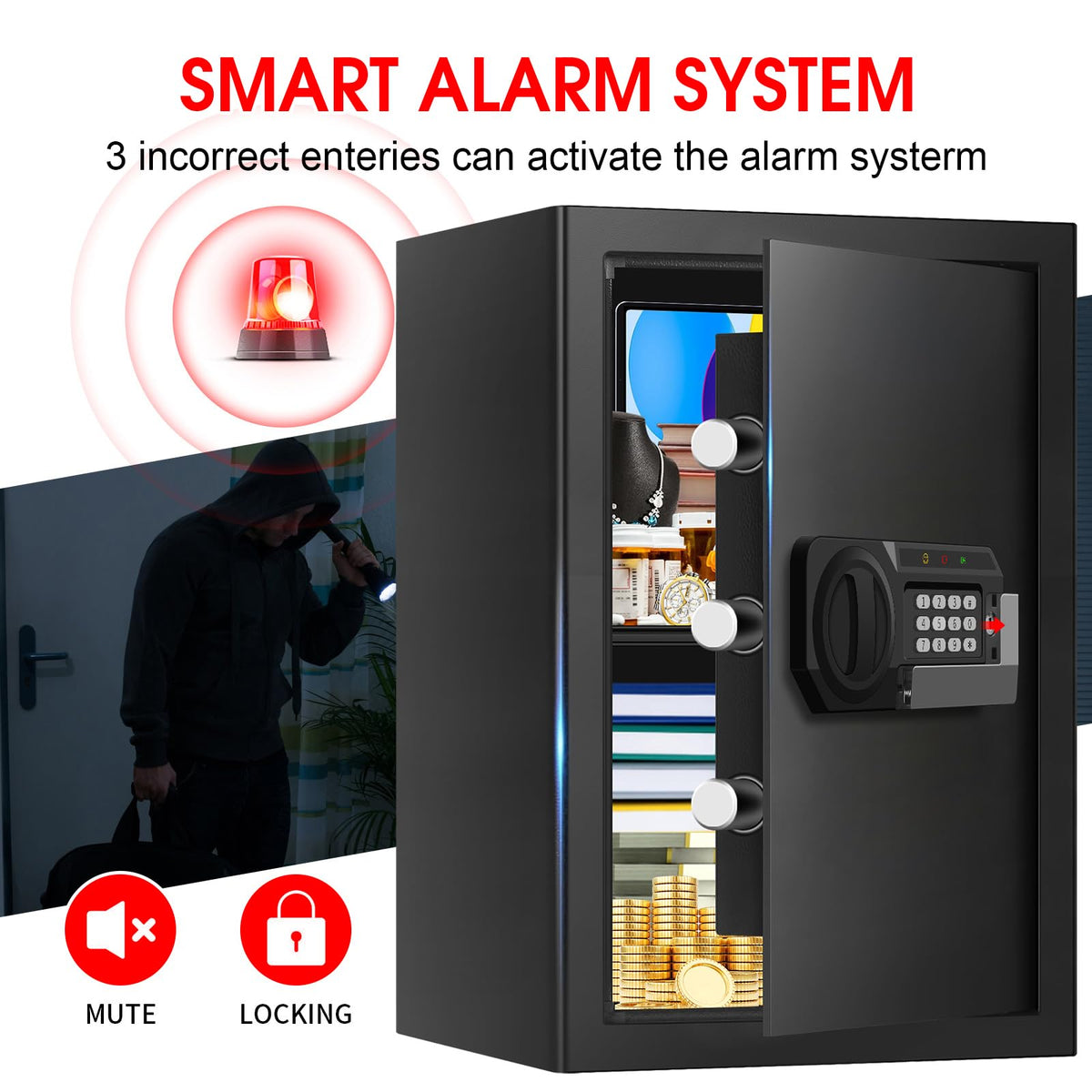 3.3 Cuft Large Home Safes Water and Fireproof, Anti-theft Floor Safe for Home Use with Programmable Keypad, Alarm System and Spare Keys, Digital Home Safe Box for Valuables, Medicine