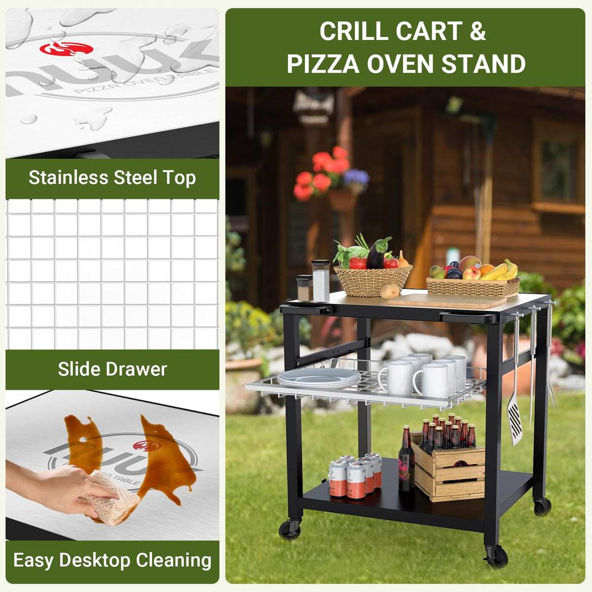NUUK Grill Cart 30"x24" Pizza Oven Table for Outdoor 3-Shelf with Stainless Steel Top