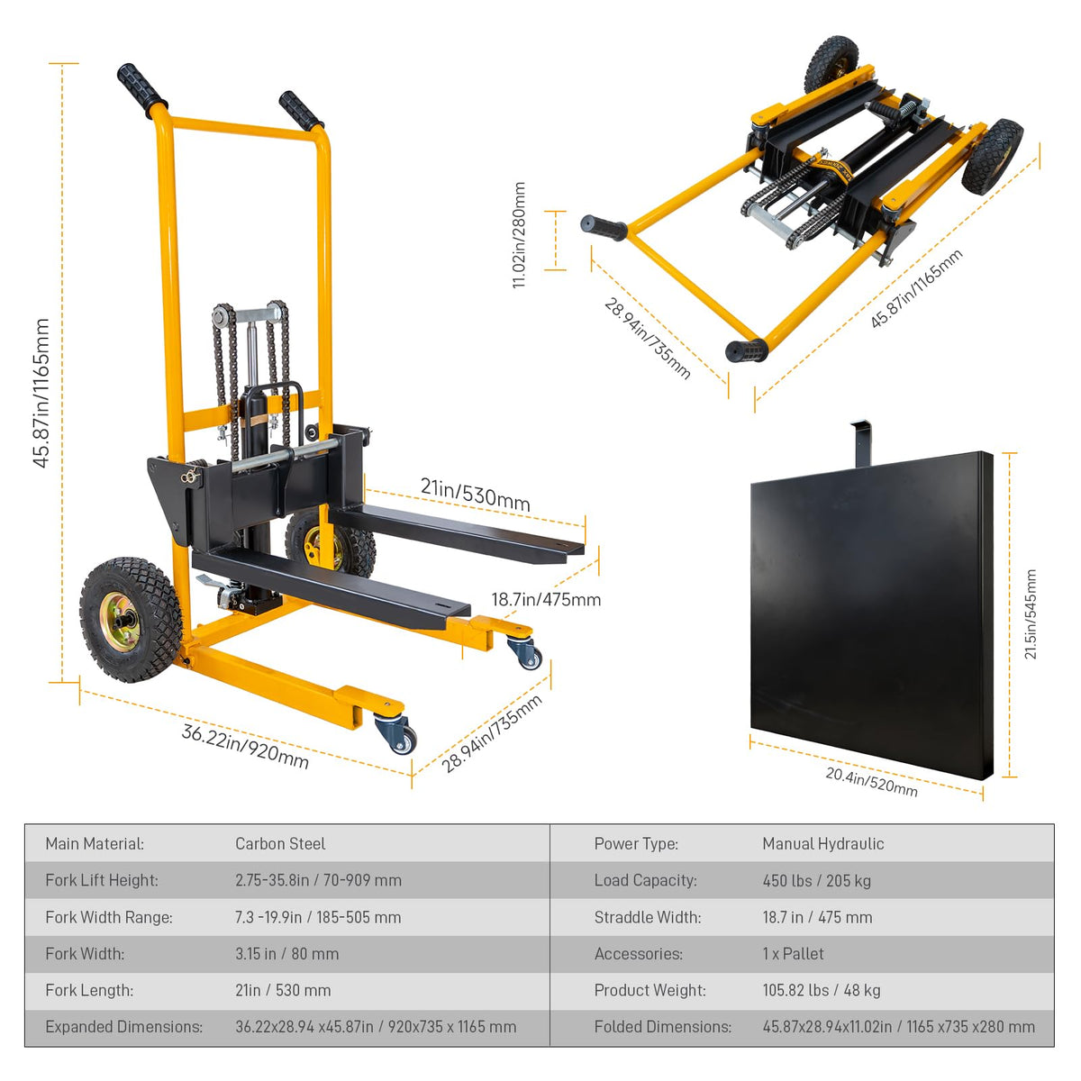 Foldable Hydraulic Material Lift Stacker, 450lbs 35.8" Max Lift, Portable Pallet Truck Dolly w/Swivel Casters, Adjustable Forks, Fork Lift Table Cart, Pallet Jacks & Trucks for Warehouse, Shop
