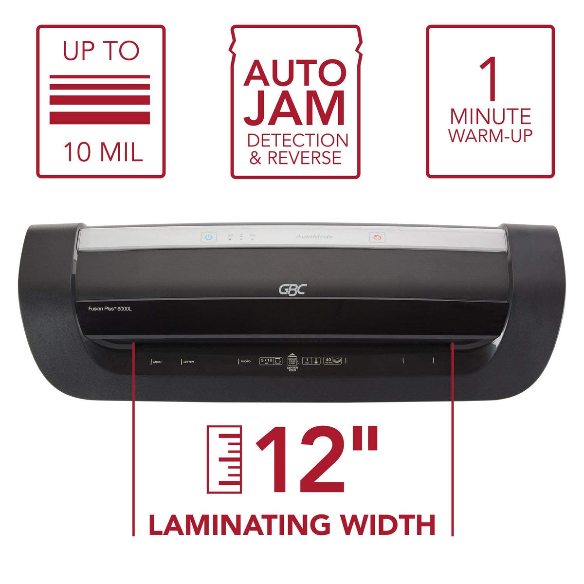 GBC Thermal Laminator Machine, Fusion 6000L, 12 Inch, 1 Min Warm-Up, 3-10 Mil, with 50 EZUse Laminating Pouches for Home, Office and Classroom, Black (1703097)