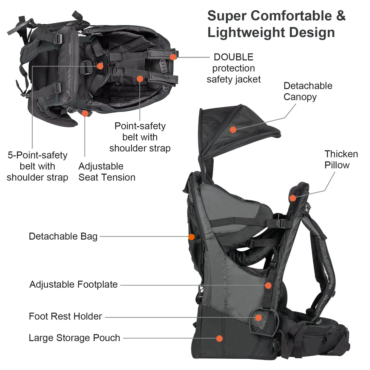 Baby Backpack Carrier, Safe Toddler Hiking Backpack Carrier Camping Child Carriers with Rain Cover Child Kid Sun Shade Large Storage Insulated Pocket, Adjustable Padded Children Seat