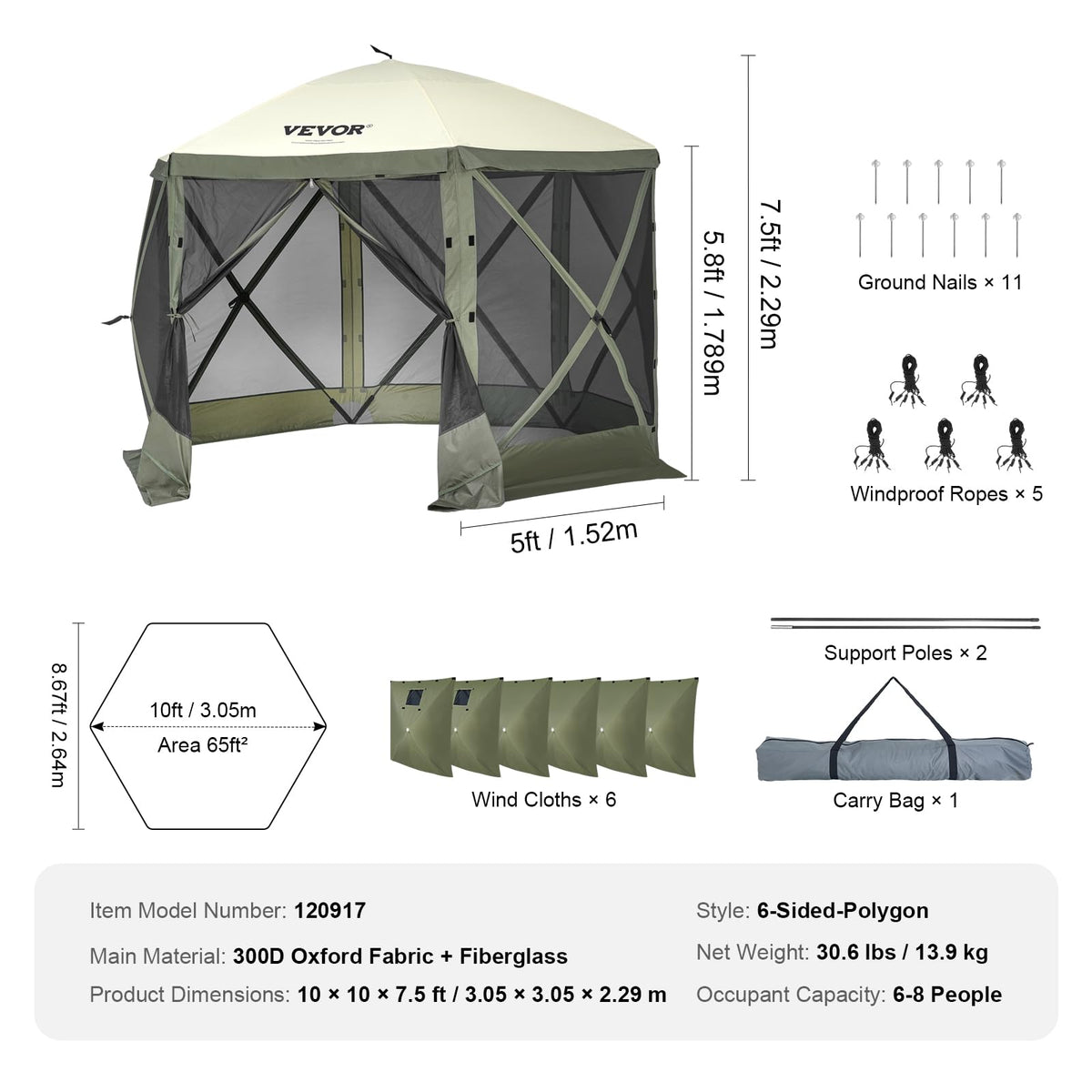 VEVOR Pop Up Gazebo Screen Tent 6 Sided Canopy Sun Shelter with 6 Removable Privacy Wind Cloths & Mesh Windows, 10x10FT Quick Set Screen Tent with Mosquito Netting, Army Green