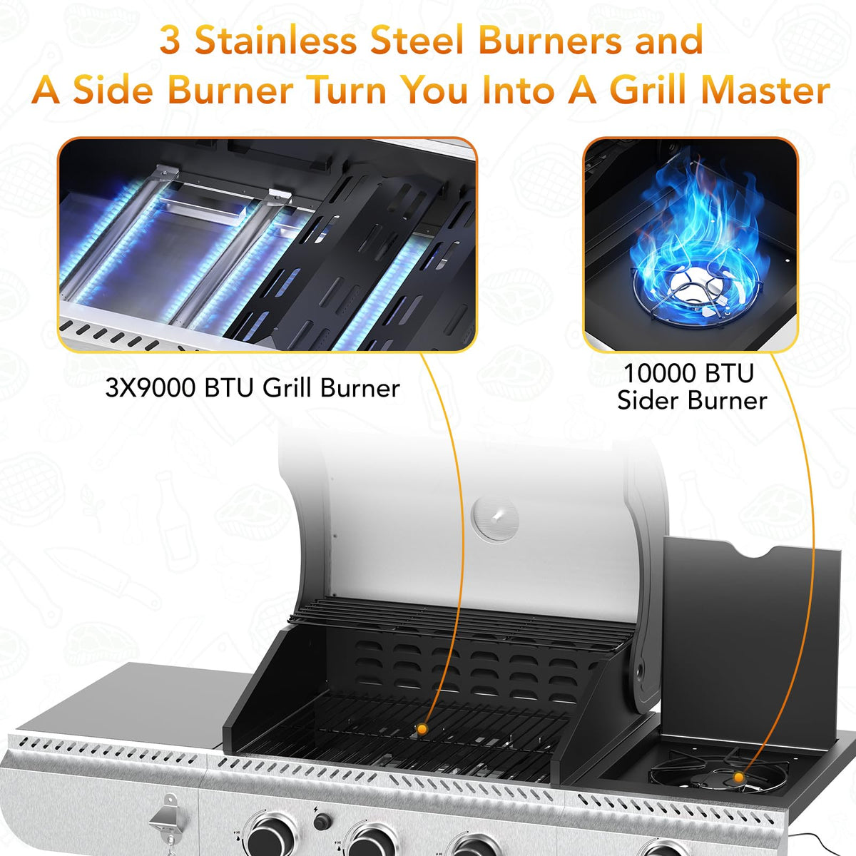 3-Burner Propane Gas Grill with Side Burner,Stainless Steel BBQ Grill with Porcelain-Enameled Cast Iron Grates,37000 BTU Barbecue Grill, Suitable for Patio,Camping,Outdoor Cooking