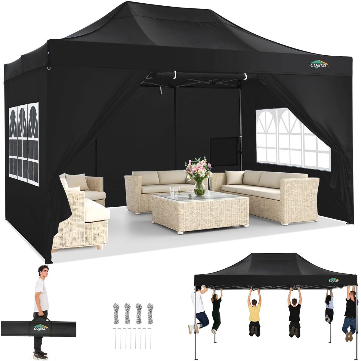 COBIZI 10x15 Heavy Duty Pop Up Canopy Tent with 4 Sidewalls Thicken Frame, Commercial Easy Up Outdoor Wedding Party Tents, All Season Waterproof Windproof with Stakes Sandbags Ropes Bag, Black