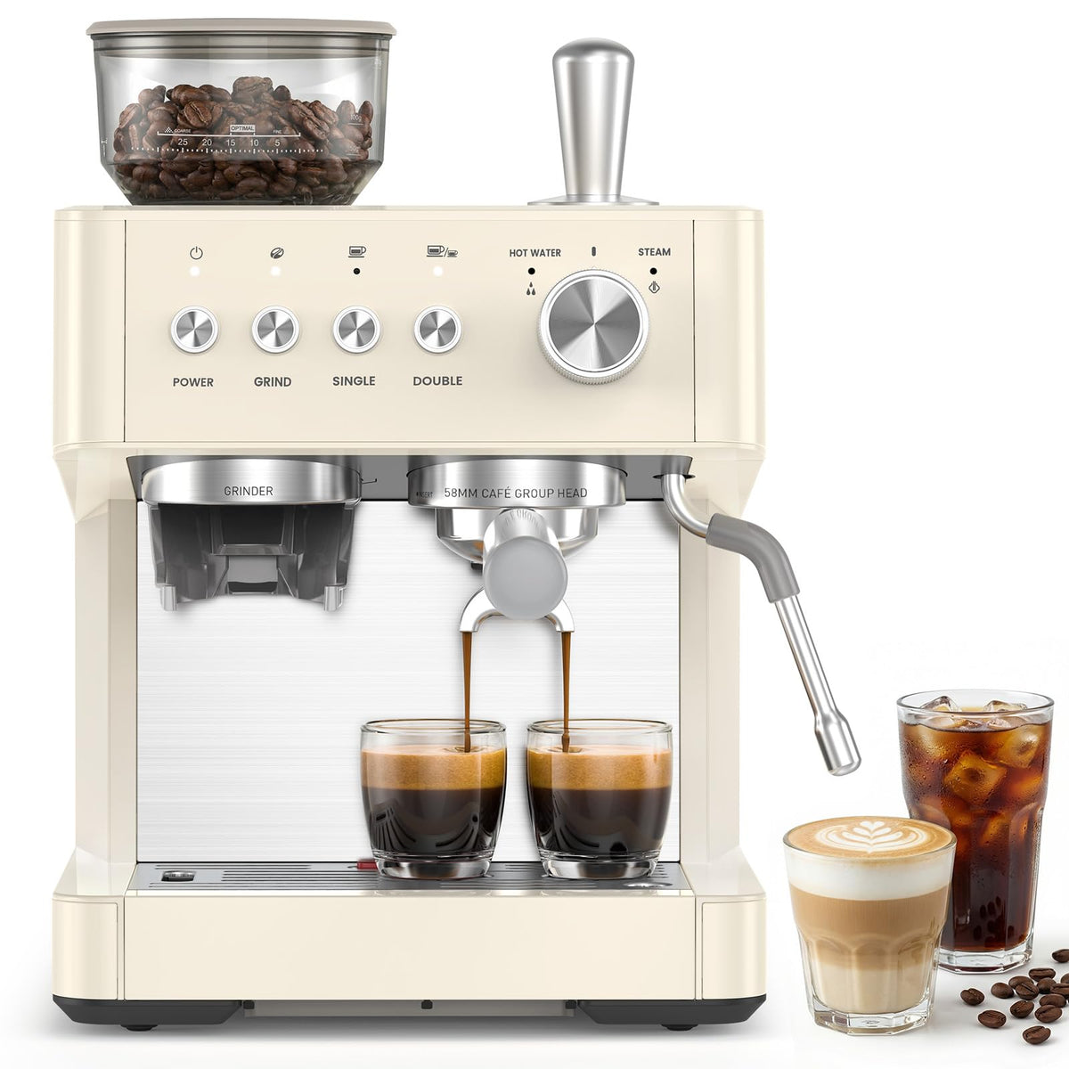 Kndko Espresso Machine with Grinder, 20 Bar Espresso Coffee Machines with Milk Frother Steam Wand, Espresso Maker for Latte, Cappuccino, Hot/Cold Brew, White