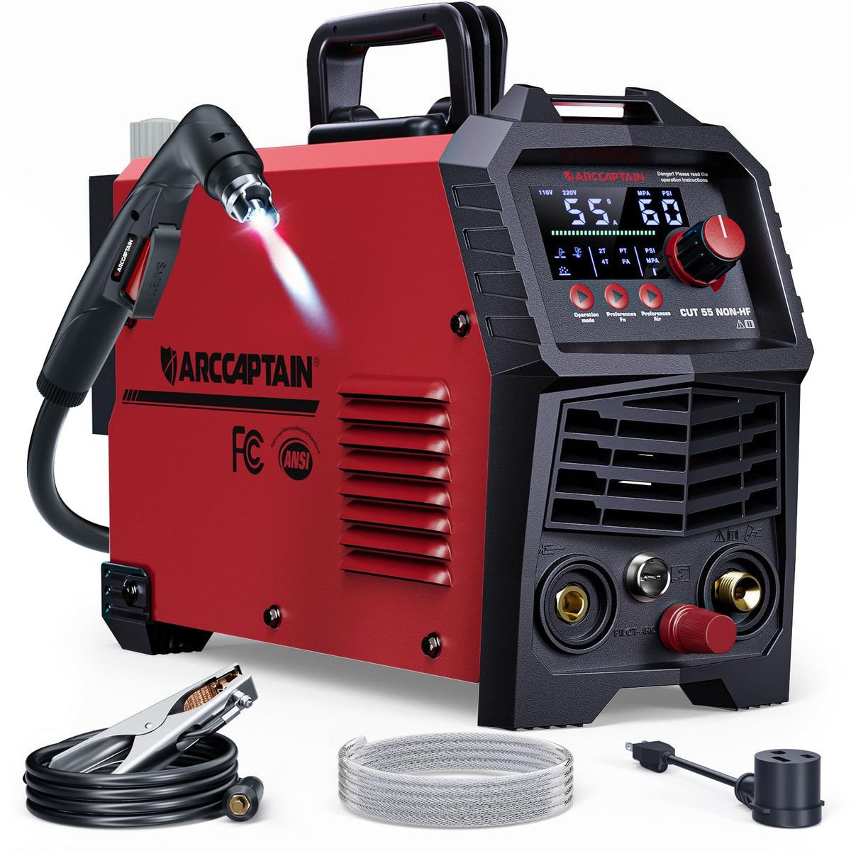 ARCCAPTAIN 55Amp Plasma Cutter, Blowback Non-HF Pilot Arc Plasma Cutting Machine + Large View 3.94" x 3.66" True Color Auto Darkening Welding Helmet with Light