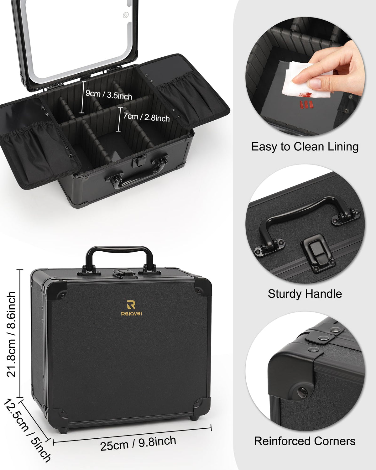 Relavel Makeup Bag with LED Mirror, Makeup Box Travel Train Case with Rechargeable Lighted Mirror & Adjustable Dividers, Cosmetic Brush Organizer Storage for Makeup Artists Gifts for Women and Girls