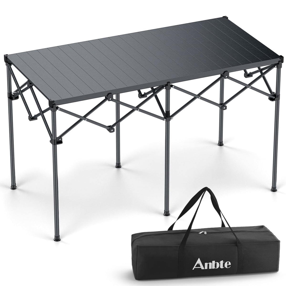 Anbte Heavy-Duty Camping Table, 48” x 23.6” Large Roll Up Camping Table for 6-8 People Support 264lbs with Carry Bag, Waterproof, Portable, for Backyard BBQ Tailgating Picnic Party Indoor, Black