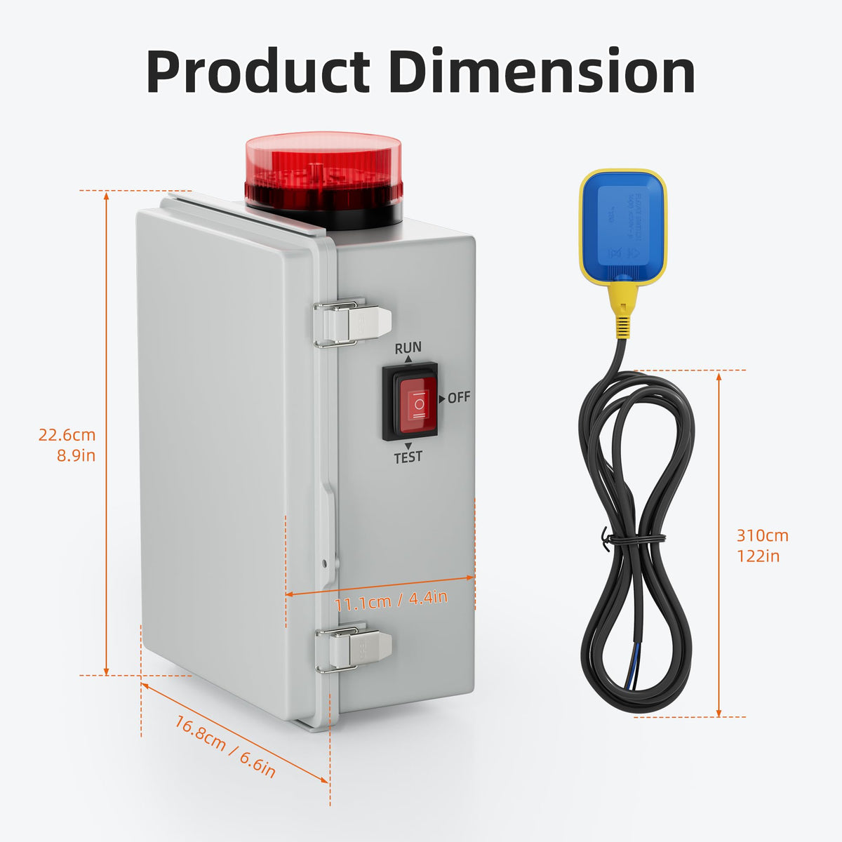 Joinfworld Sump Pump Water Alarm Waterproof Control Panel Septic Tank Water Detector Alarm for Basements with Flash Light and 110dB Alarm