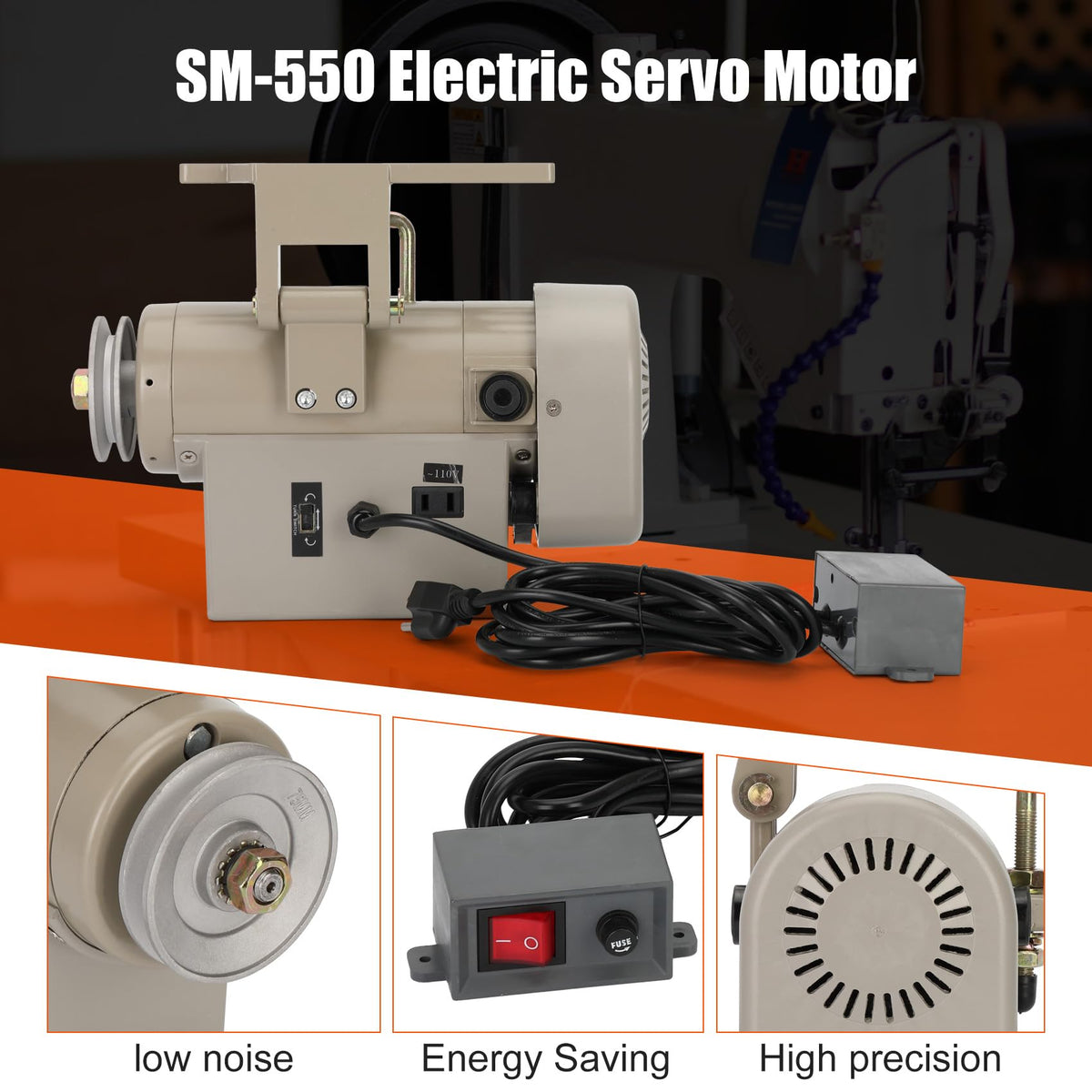 Sewing Machine Servo Motor, 550W Electric Servo Motor, AC110V, 3/4HP, 3450RPM，Industrial Servo Motor with Carbon Brush, Energy Efficient, Quiet Operation, Instructions