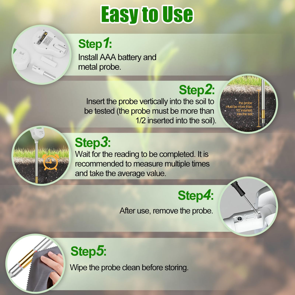 SPECILITE 6-in-1 Soil Tester, Digital Soil Moisture Meter/PH Meter/Sunlight/Temperature/Fertility Monitor with 2 Removable Probe, Dual Screen Soil Test Kit for Gardening, Lawn, Indoor & Outdoor Plant