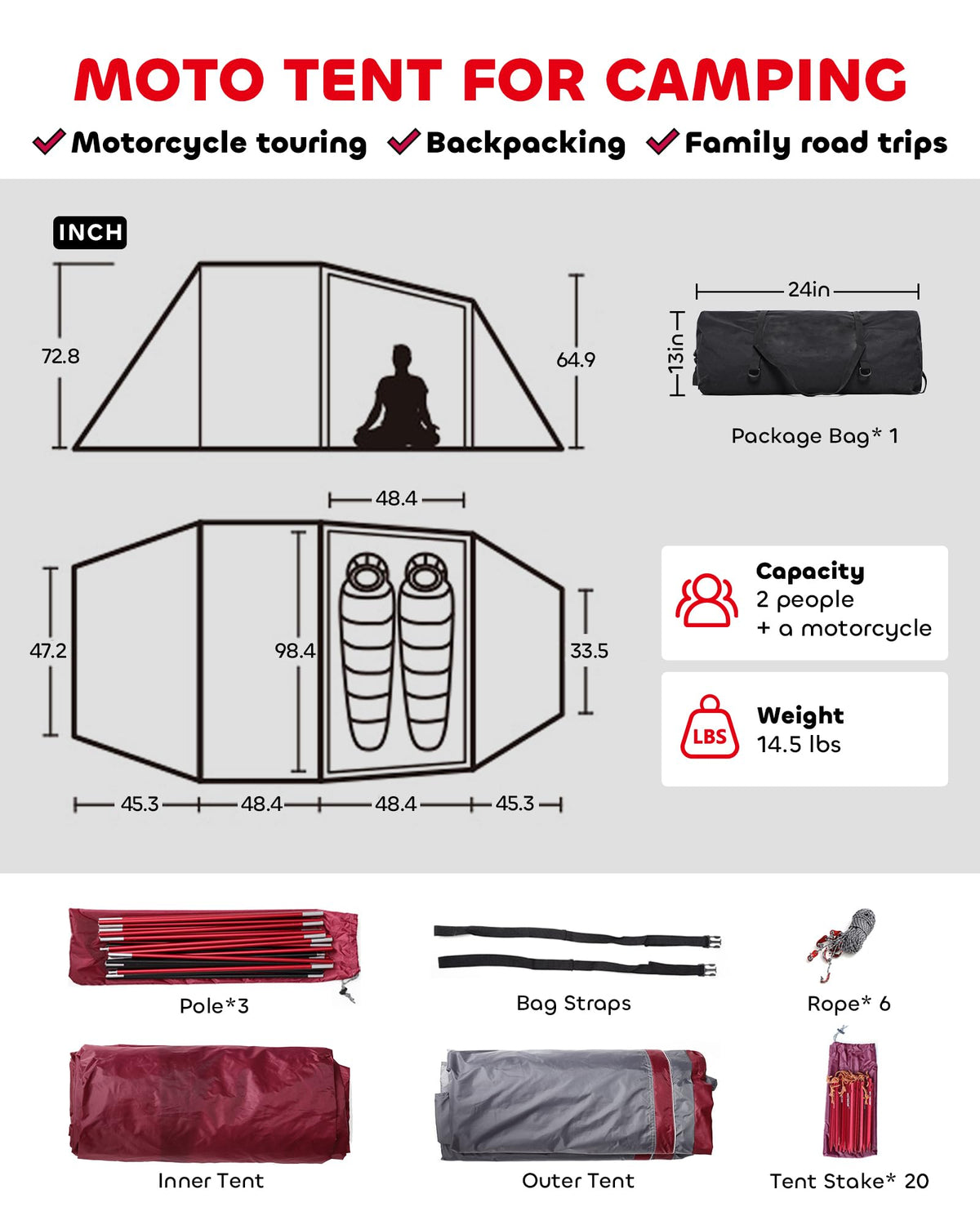 2 Person Camping Tent Motorcycle Tent Waterproof Instant Family Tents Lightweight Motorcycle Storage Shelter for for Backpacking Hiking Easy Setup