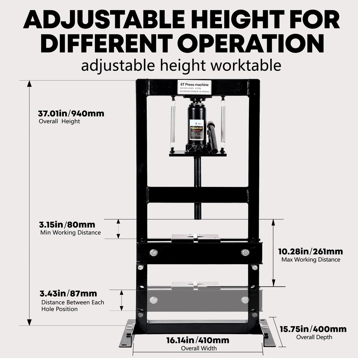 6 Ton Hydraulic h-Frame Shop Press, Heavy Duty Press with Adjustable Table & Stamping Plates for Auto Repair, Garage, Metalworking, Industrial Use - Black