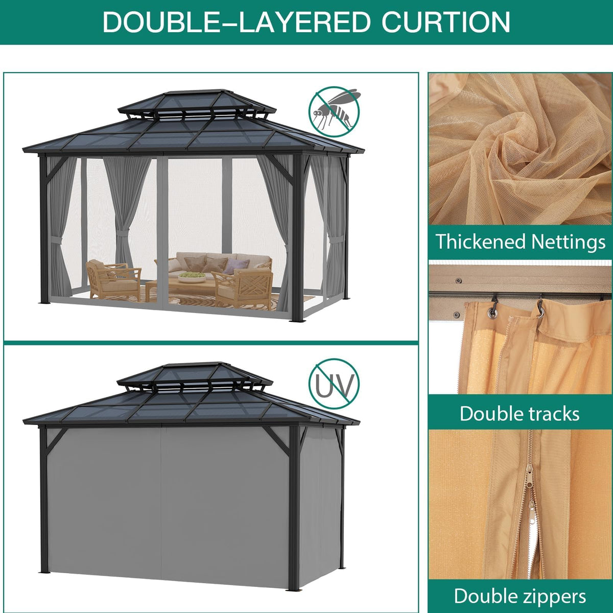12'x10' Hardtop Gazebo, Aluminum Permanent Pavilion with Polycarbonate Double Roof, Removable Curtains & Mosquito Netting for Patio, Garden, Lawn, Upgrade Your Outdoors: Heavy Duty Hardtop Gazebo