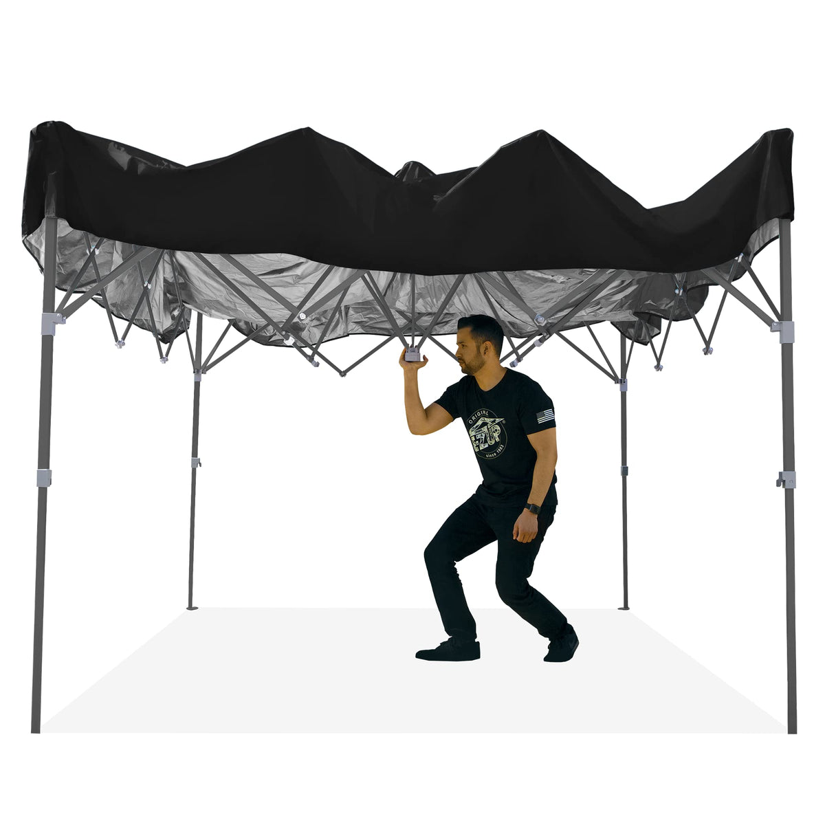 E-Z UP Patriot ONE-UP Technology Vented Shelter, 10' x 10', Black Top, Grey Frame