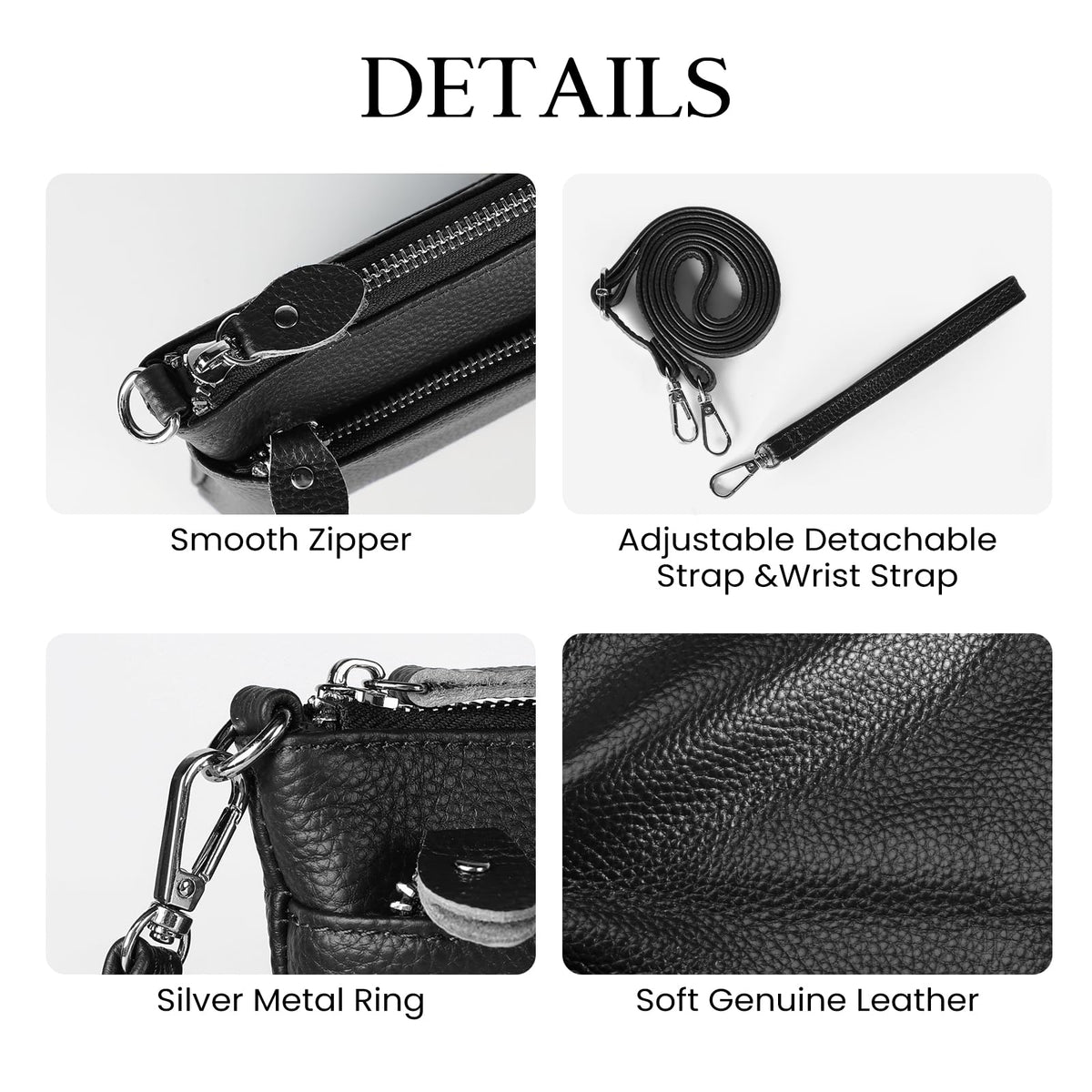 befen Leather Wristlet Wallets for Women, RFID Blocking Small Black Crossbody Bags, Women Leather Purses Handbags Shoulder Bag Trendy Clutch Purse with Adjustable Shoulder Strap and Wrist Strap