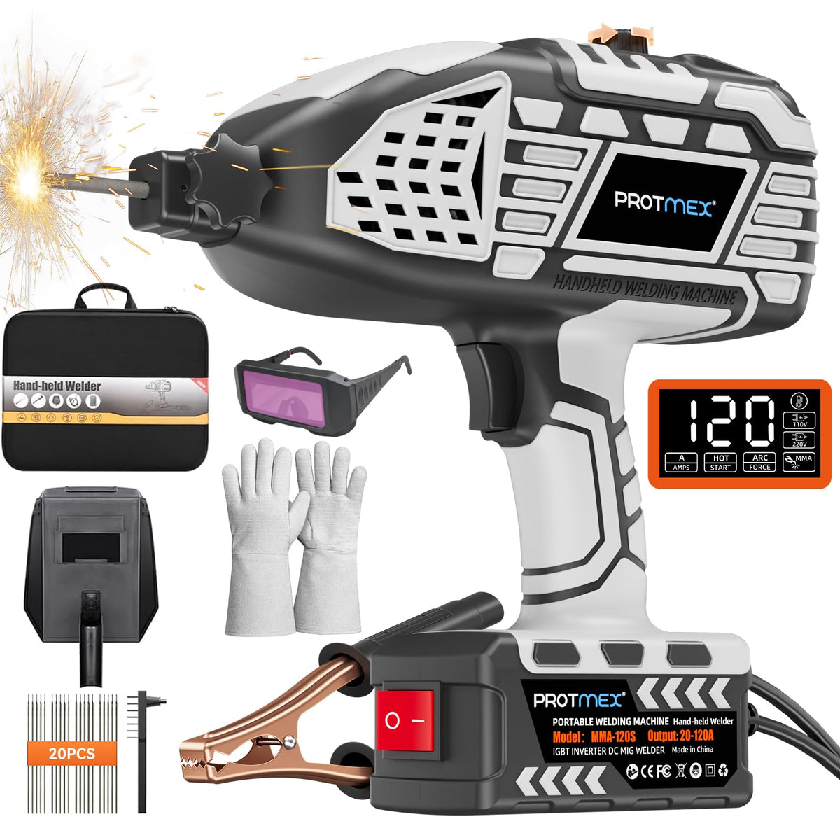 Portable Display Handheld Welder - 110V Portable Welder Machine IGBT Inverter with 5 Adjustable Currents, ARC Welder Gun Fits 3/32"-1/8" Welding Rods for Repair, DIY, Home Projects(20PCS Rods)