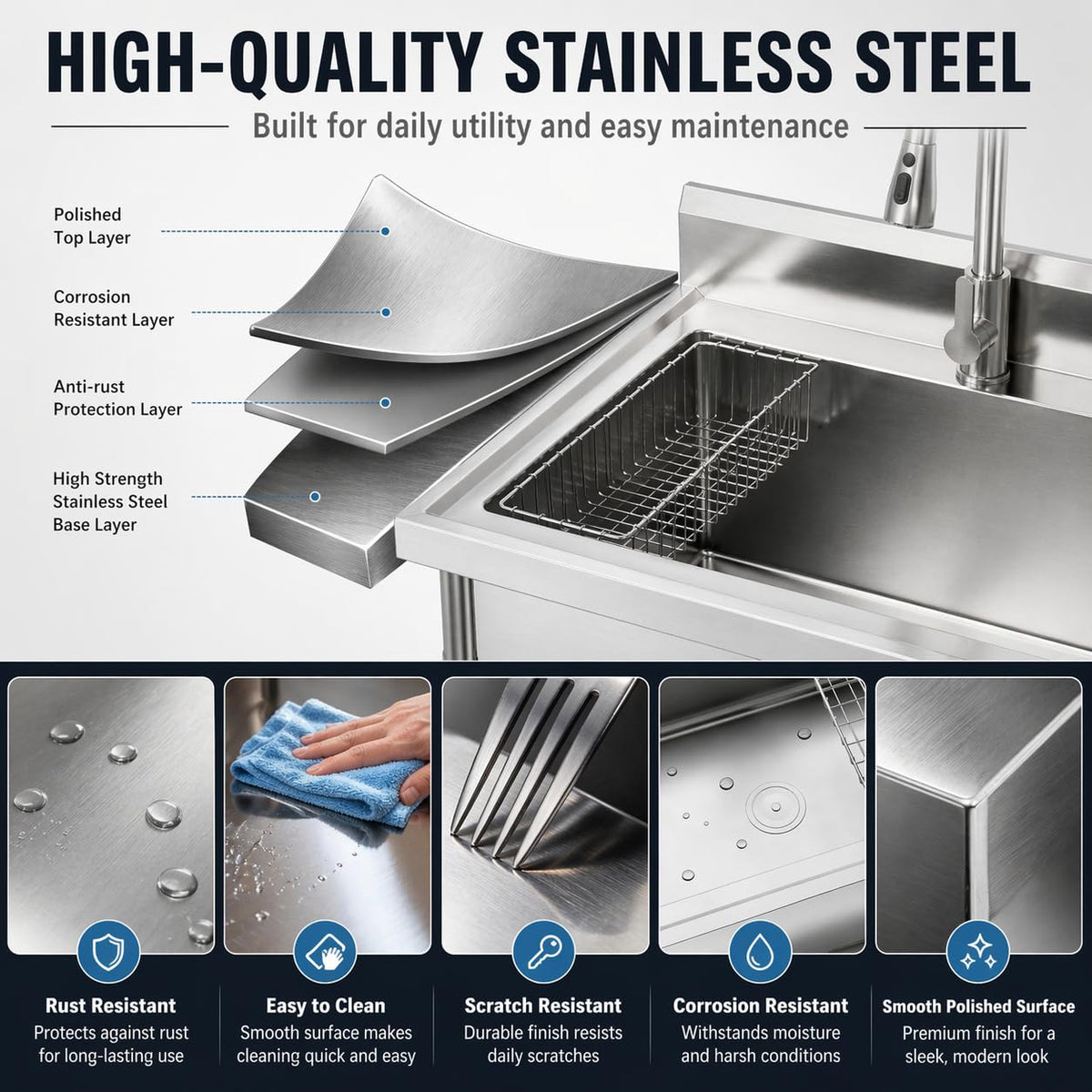Garvee Gray Utility Sink 47" x 22" x 37", Freestanding Stainless Steel Single Bowl Laundry Sink with Pull Down Faucet, Large Workbench Top for Laundry Room, Garage, Mudroom, Modern Metallic Finish