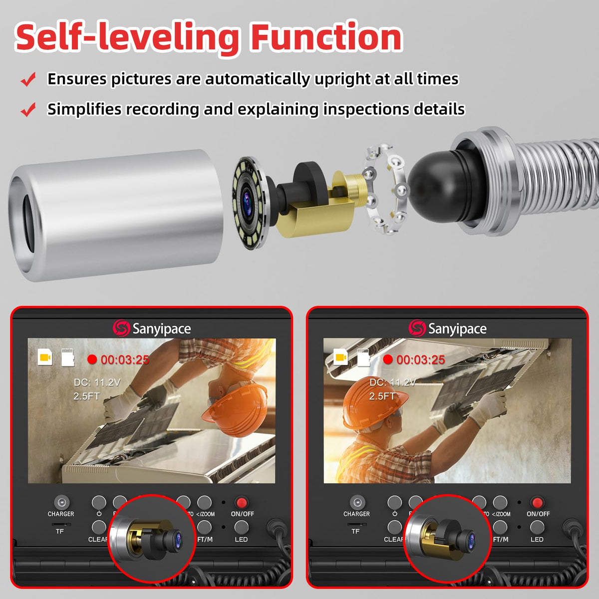 Sanyipace Sewer Camera Self-leveling with Locator, 512Hz Drain Camera with Distance Counter, Waterproof 100FT/30M Pipe Camera with 9" Screen, 1080P, 23mm/0.9in Borescope Inspection Camera for Plumbing