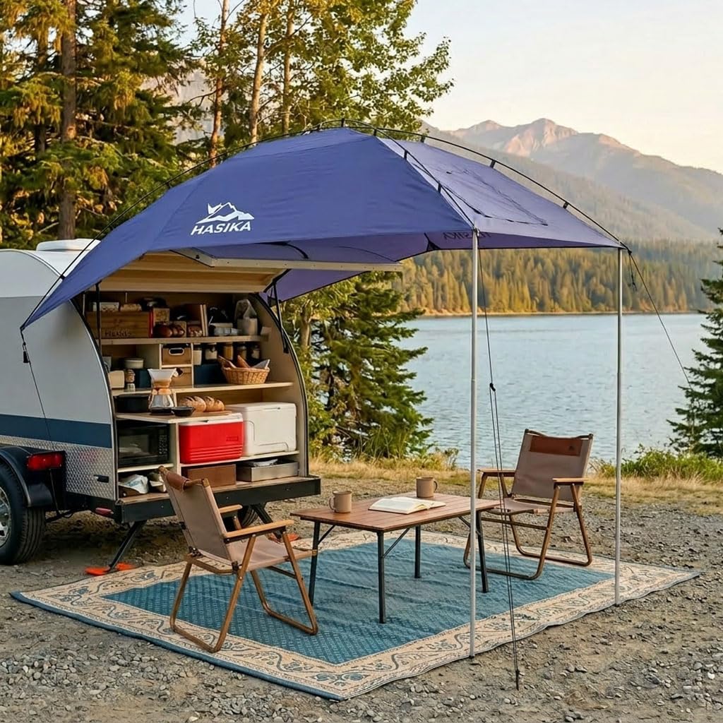 Versatility Camping Tent for Truck Bed,SUV RVing, Van,Trailer and Overlanding Portable Teardrop Awning Canopy Tear Resistant Tarp with 2 Sandbag