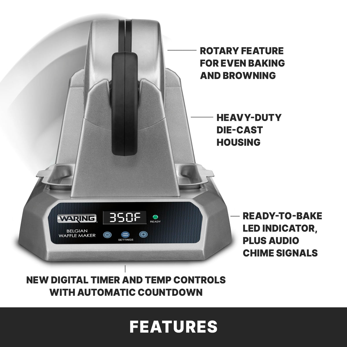 Waring Commercial Belgian Waffle Maker, 25 Waffles per Hour, Automatic Countdown Timer,Rotary Feature for Even Baking, Triple-Coated Nonstick Plates, NSF Certified, WW185X