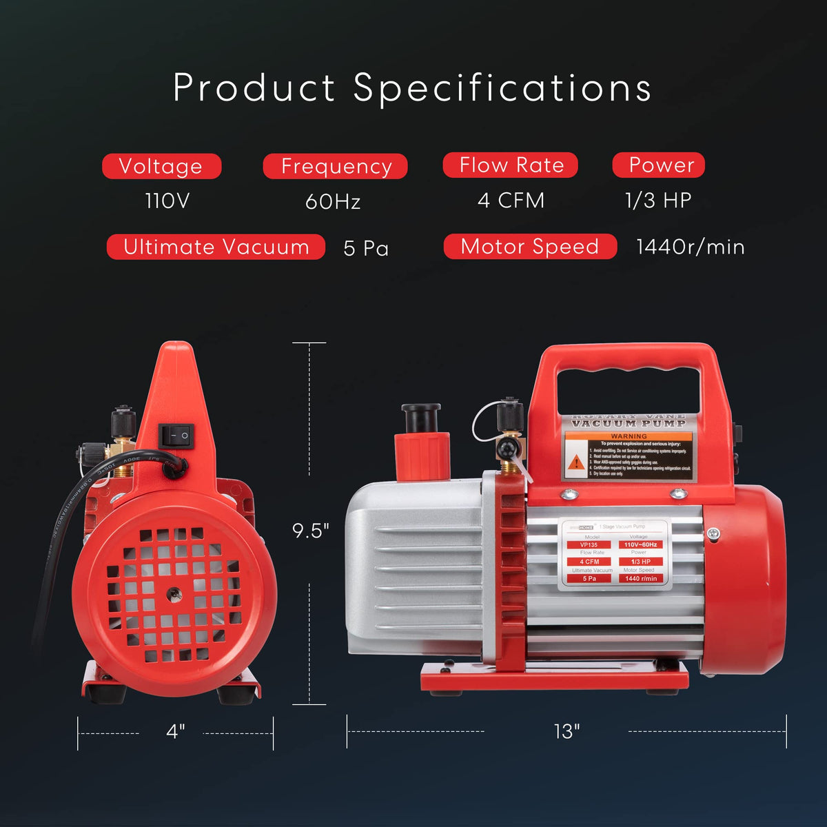 VIVOHOME 110V 1/3 HP 4CFM Single Stage Rotary Vane Air Vacuum Pump and AC Manifold Gauge Set Kit with Leak Detector for R134a R12 R22 R502 R410a HVAC Air Conditioning Refrigeration Recharging, Red