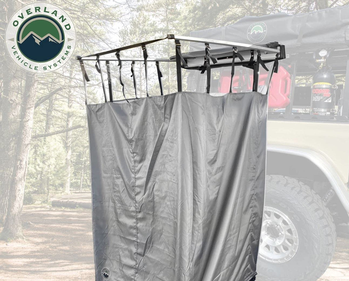 Overland Vehicle Systems HD Nomadic Car Side Shower Room with Black 1000G PVC Travel Cover, Universal L - Brackets, Dark Grey Body with Silver Inner Lining