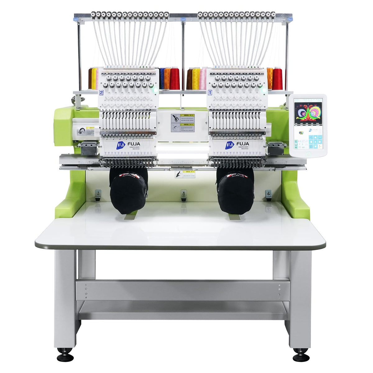FUJA Embroidery Machine with 2 Heads 15 Needles 1200 SPM Max Speed 10" Touch Screen Embroidery Area 15.7" × 19.7" Wifi available suitable for 3D Caps Flat T shirt Embroidery and so on