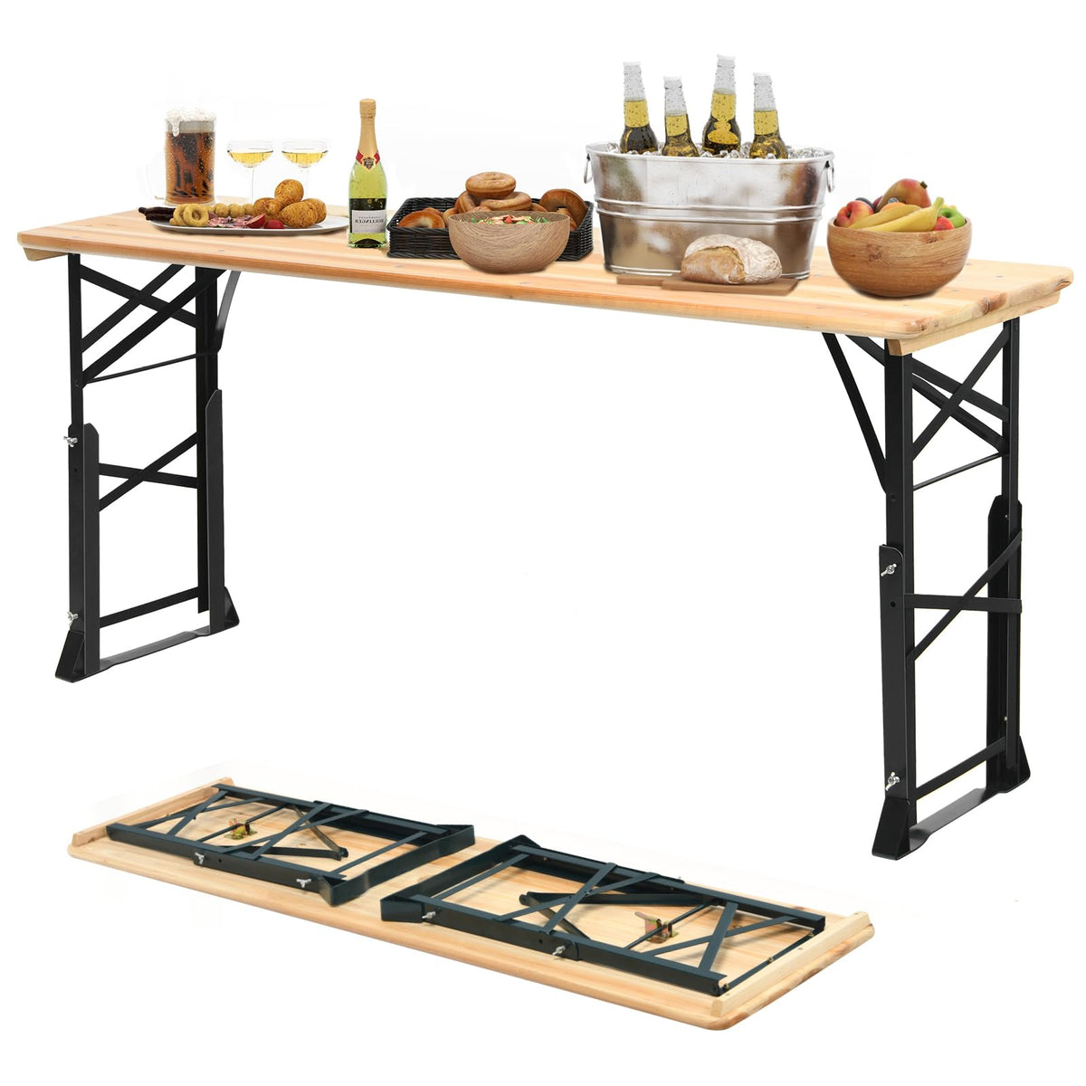 CHEFJOY 5.5FT Folding Picnic Beer Table, Outdoor Camping Table with Umbrella Hole & 2 Adjustable Heights, Heavy Duty Metal Frame & Solid Wood Top, Portable Picnic Table for Patio, Garden, Backyard