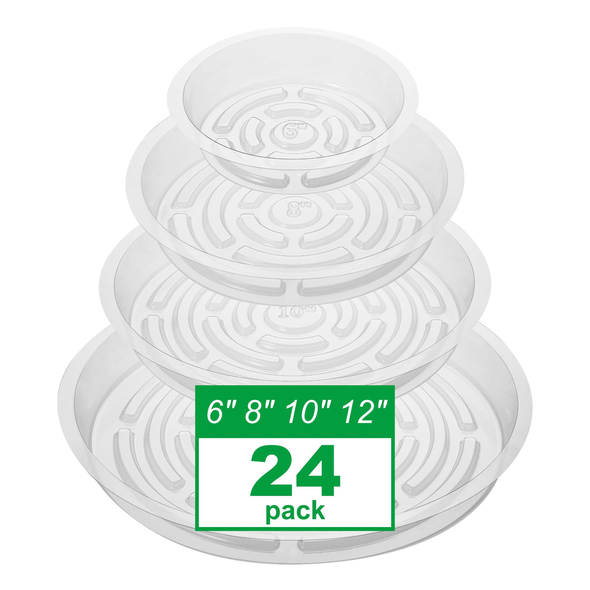 CATIFLIN 24 Pack Clear Plant Saucers - 6, 8, 10, 12 Inch Plastic Plant Trays for Pots, Flower Pot Saucers, Indoor & Outdoor Planter Drip Tray for Water Drainage & Protection