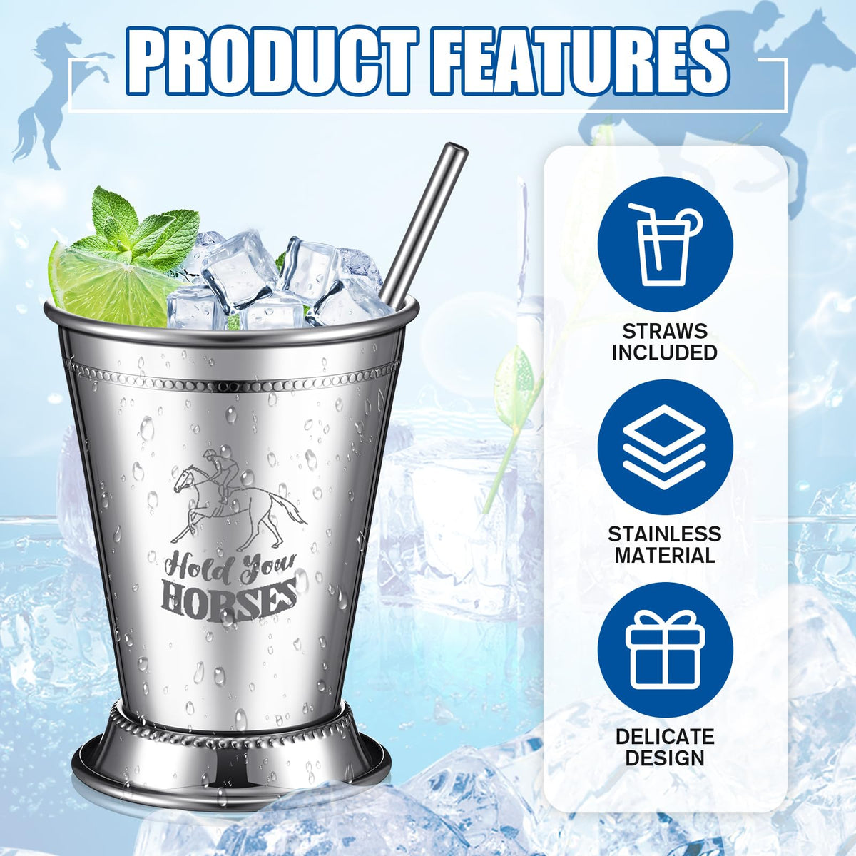Ziliny 24 Pack Mint Julep Cups with Straws 12 oz Stainless Steel Drinking Cups Metal Cocktail Glasses Beaded Mint Julep for Horse Racing Derby Party Supplies