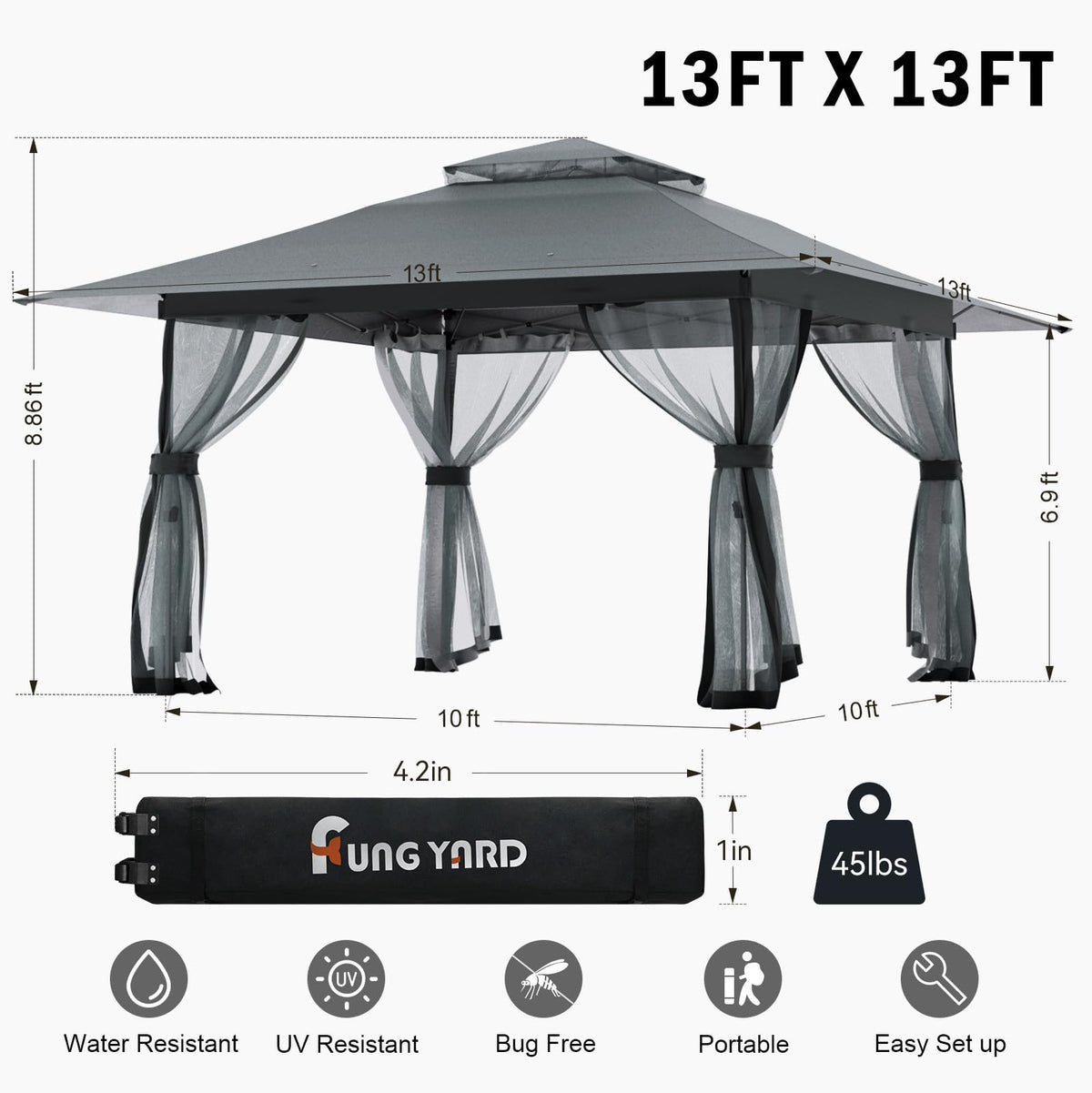 13x13 Outdoor Patio Gazebo with Mosquito Nettings - Double Roof Pop Up Canopy Tent with Wheeled Carry Bag, for Backyard Deck Lawns Garden (Gray, 13X13)