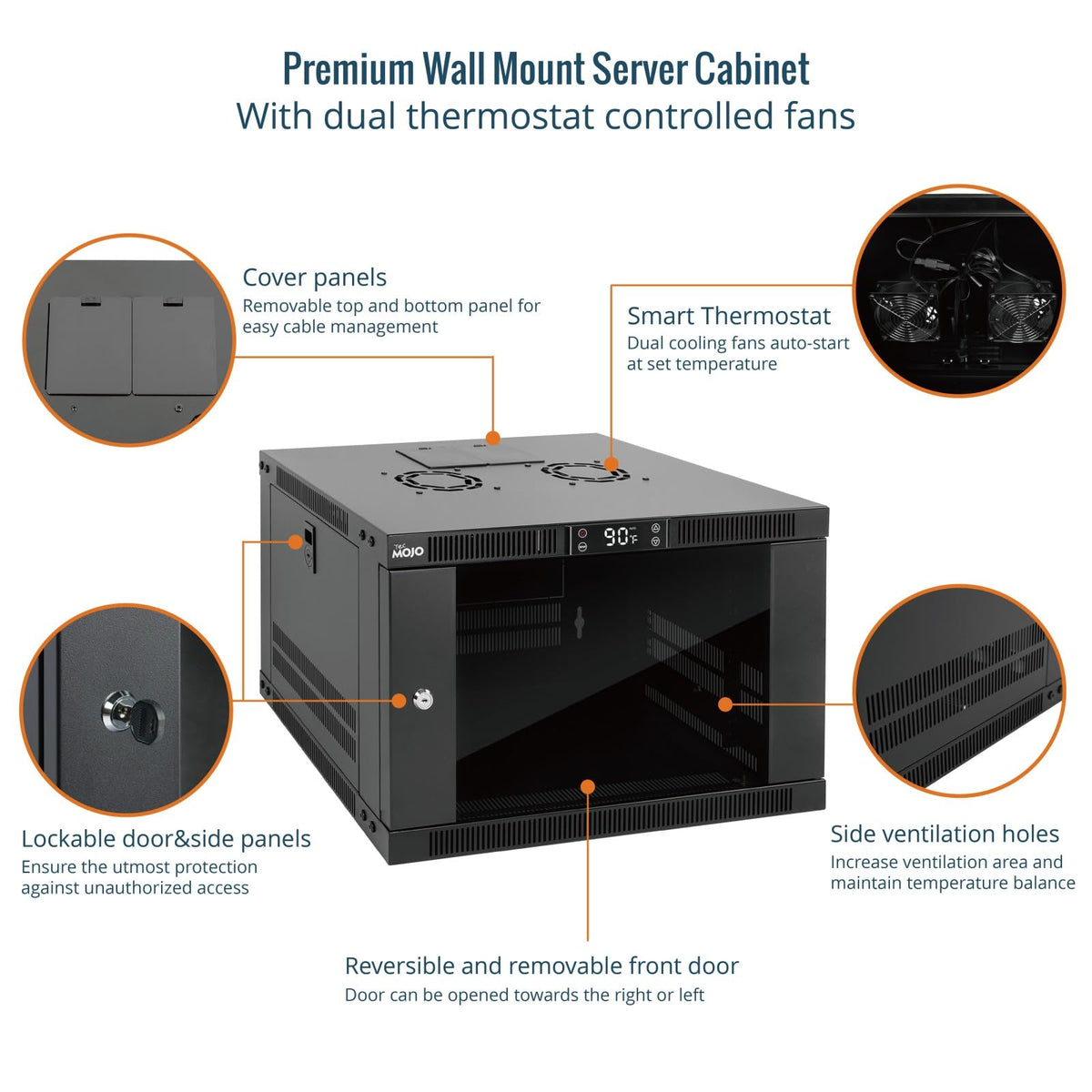 Tecmojo 6U Wall Mount Rack with Thermostat, 17.7inch Depth Enclosed Server Cabinet with 2 Cooling Fans,Lockable Door & Hardware,6U Rack for 19inch Equipments,Glass Door
