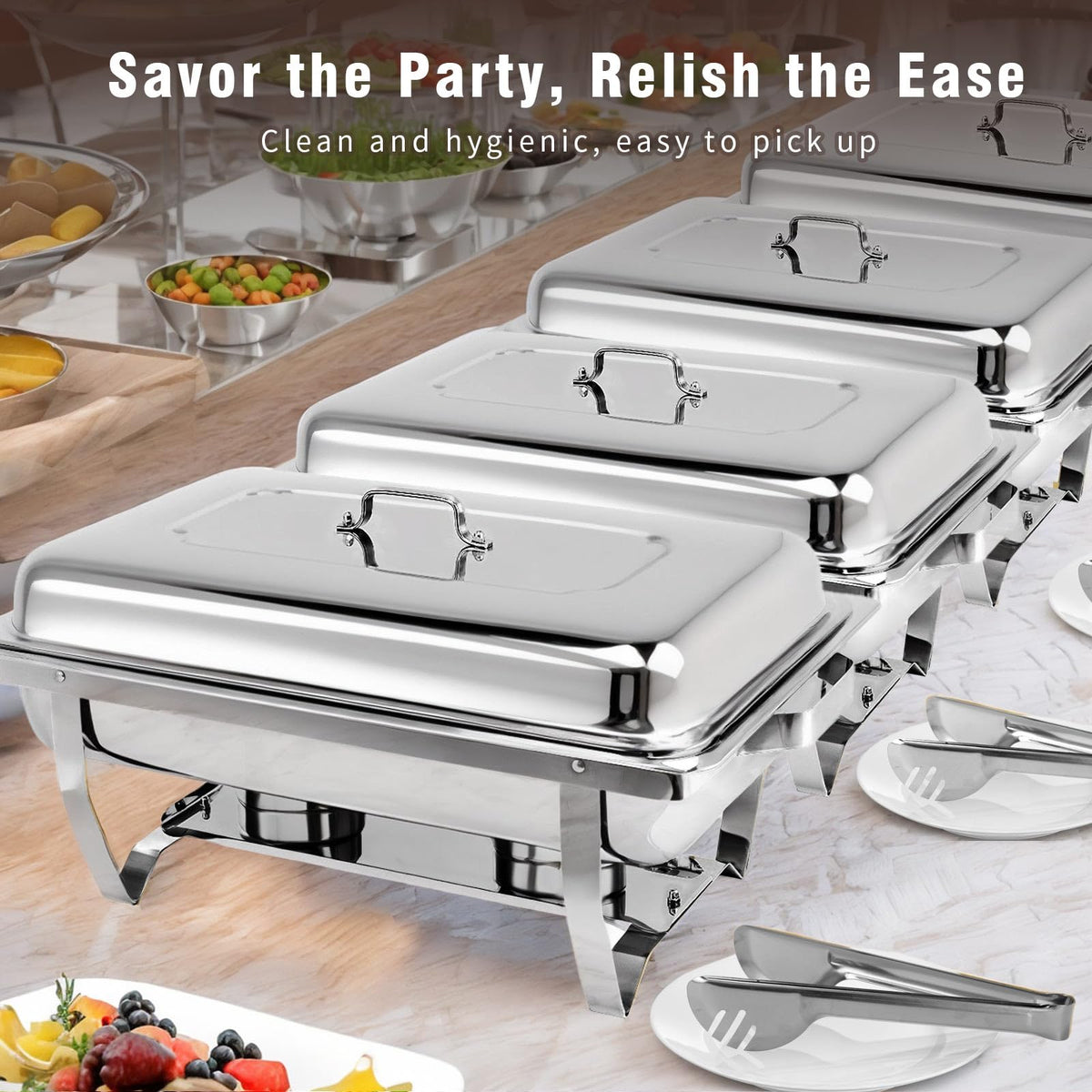 Stelora Chafing Dishes for Buffet, 9 Qt High Grade Chafing Dish Buffet Set, Rolled-Edge Design Food Warmers for Parties, Buffet, Wedding, Birthday, Camping 4 Pack 12 Pans (Silver)