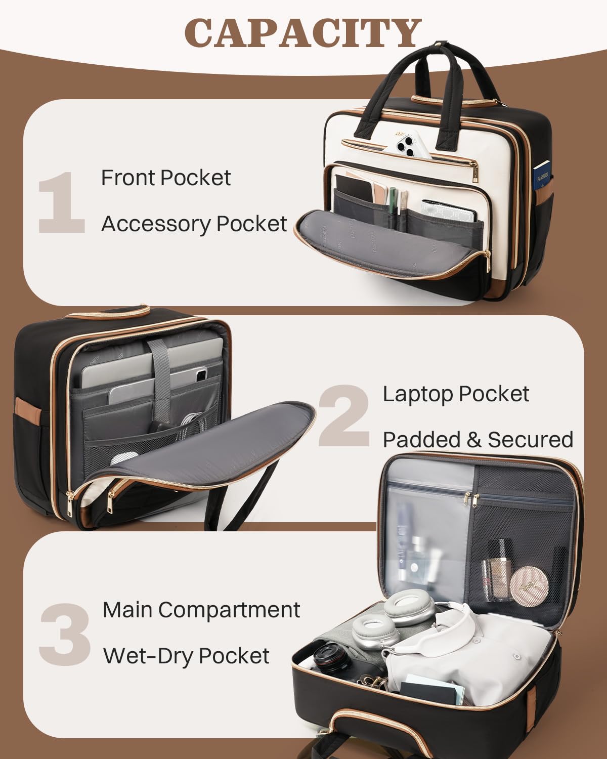 Rolling Puffer Laptop Bag, Rolling Briefcase for Women, Wheeled 16 Inch Computer Bag, Water Resistant Stylish Overnight Underseat Carry On Luggage with Wheels for Work Travel Business, Beige Brown