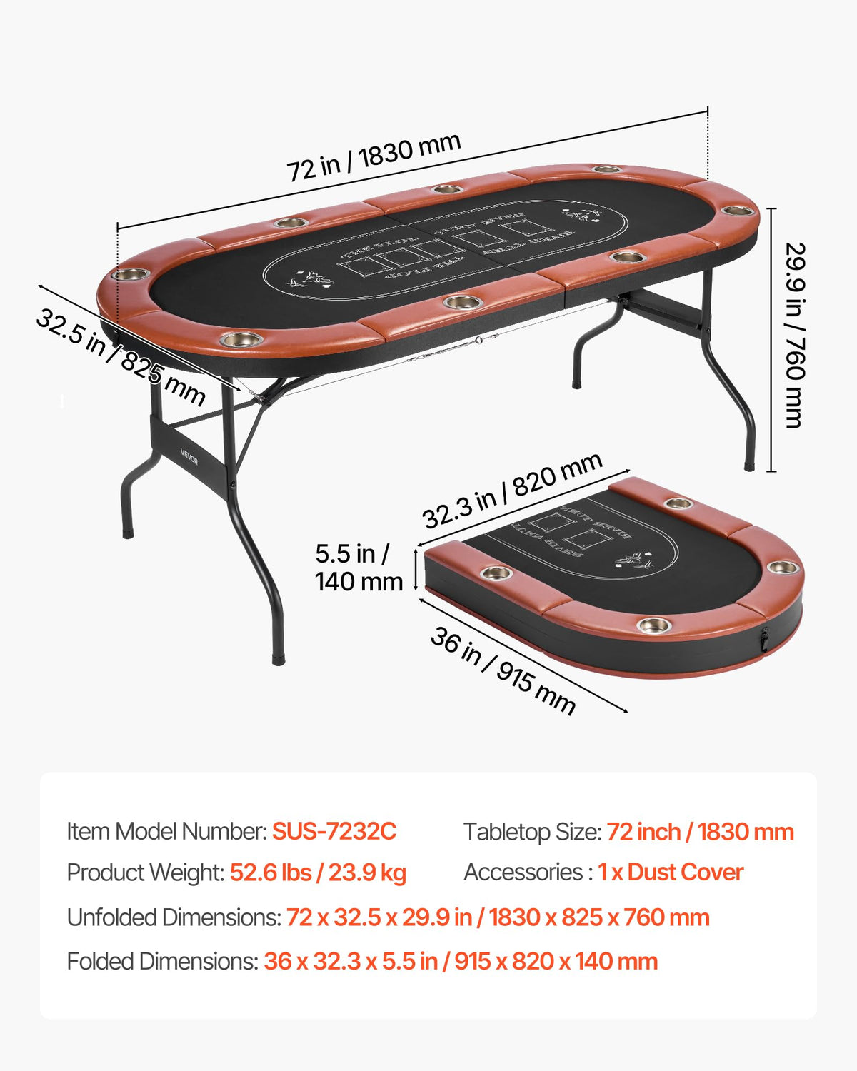 VEVOR Foldable Poker Table, 8 Player 72 in Folding Casino Leisure Table with Padded Rails and Cup Holders, Oval Portable Game Tables with Felt & Metal Legs, for Texas Hold'em Game and Blackjack