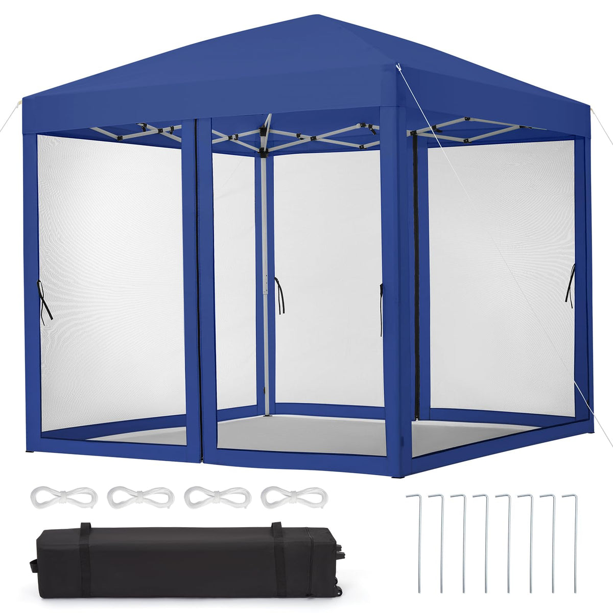 GarveeLife 8 ft x8 ft Instant Pop-Up Canopy Tent with Removable Mosquito Netting & 2 Zipper Doors, Portable Outdoor Shelter for Camping, Backyard, Picnic - Includes Wheeled Carry Bag (Blue)