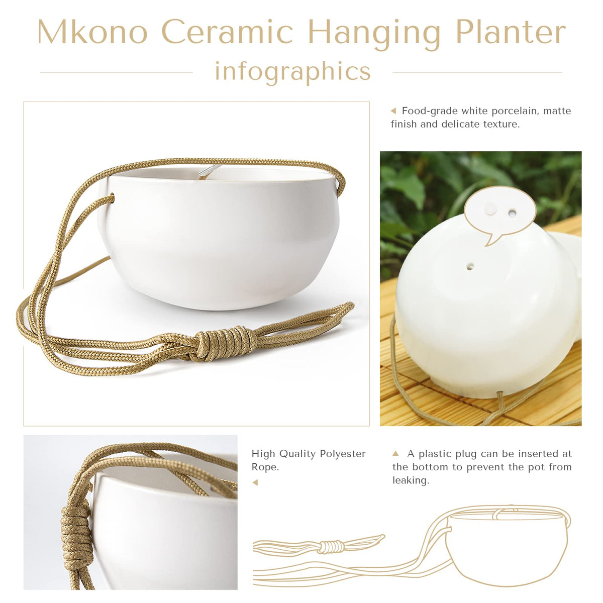 Mkono Ceramic Hanging Planter and Ceiling Hooks, Shallow 8 Inch and Deep 6 Inch for Indoor Outdoor Plants, Set of 2 Modern Plant Pot Geometric Porcelain Hanging Basket with Polyester Rope Hanger
