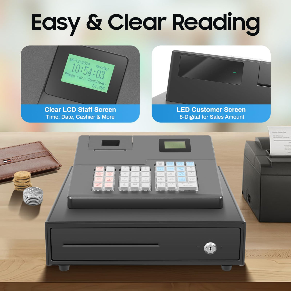 Cash Register for Small Businesses, 39 Keys Cash Management System with Drawer Box & 8-Character LED, Electronic Cash Register for Retail, Restaurant, Supermarket