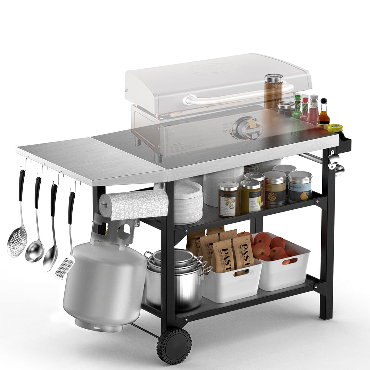 Skyflame Heavy Duty Pizza Oven Table & BBQ Prep Cart, Stainless Steel Rolling Grill Cart with Lockable Wheels, 3 Shelf Outdoor Workstation for Griddle/Patio – 170 lbs, No Wobble