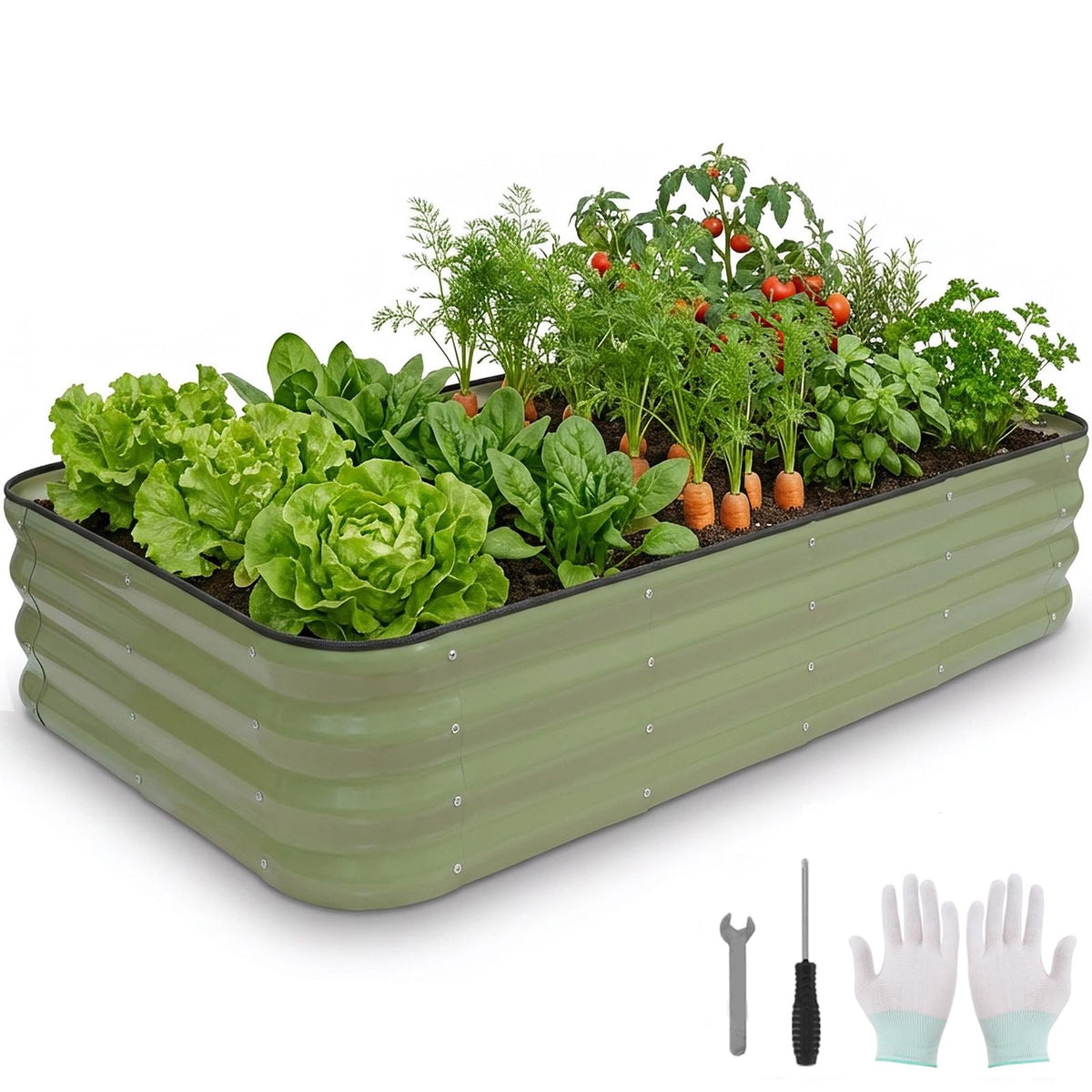 BIRDSINYARD 4 in 1Galvanized Raised Garden Bed - 5x3x1ft Modular Garden Planter Bed Outdoor | Steel Raised Bed Kit with Bracing Rods, Gloves for Gardening Vegetables Fruits and Flowers (Green)