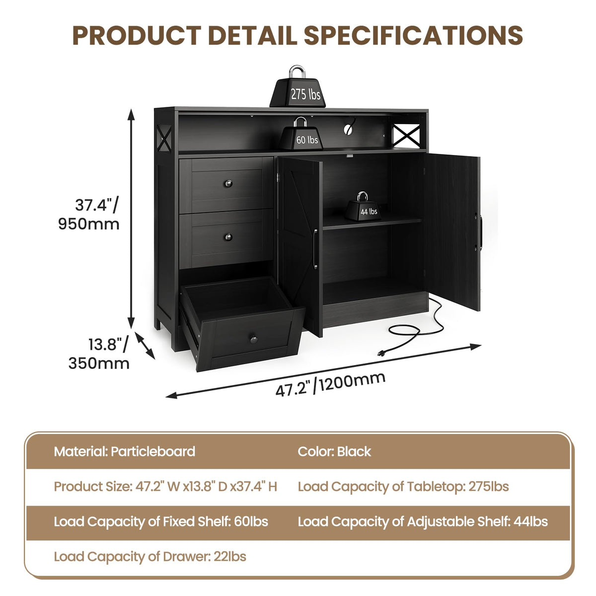 Farmhouse Buffet Cabinet with 3 Drawers & Open Shelf, Sideboard with Storage, 47" Kitchen Pantry Cabinet Hutch, Coffee Bar Station with Built-In Power Outlet for Kitchen, Dining Room- Black