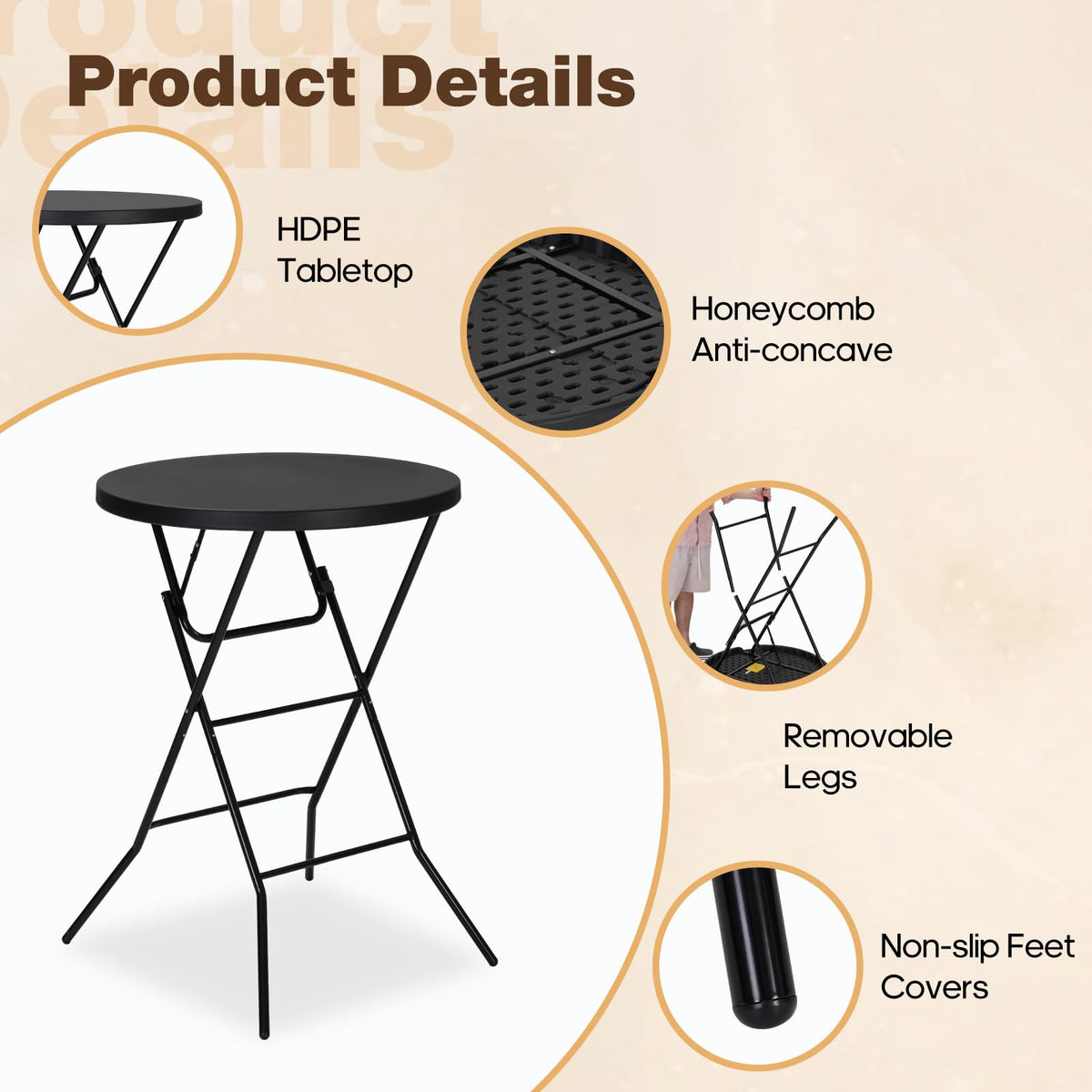 GlowitLian 32" Round Folding Table, Portable Bar Height Folding Table with Detachable Legs, Round Foldable Table with HDPE Top for Standing Parties, Balcony, Event, Indoor Outdoor Use (Black, 2 Pack)
