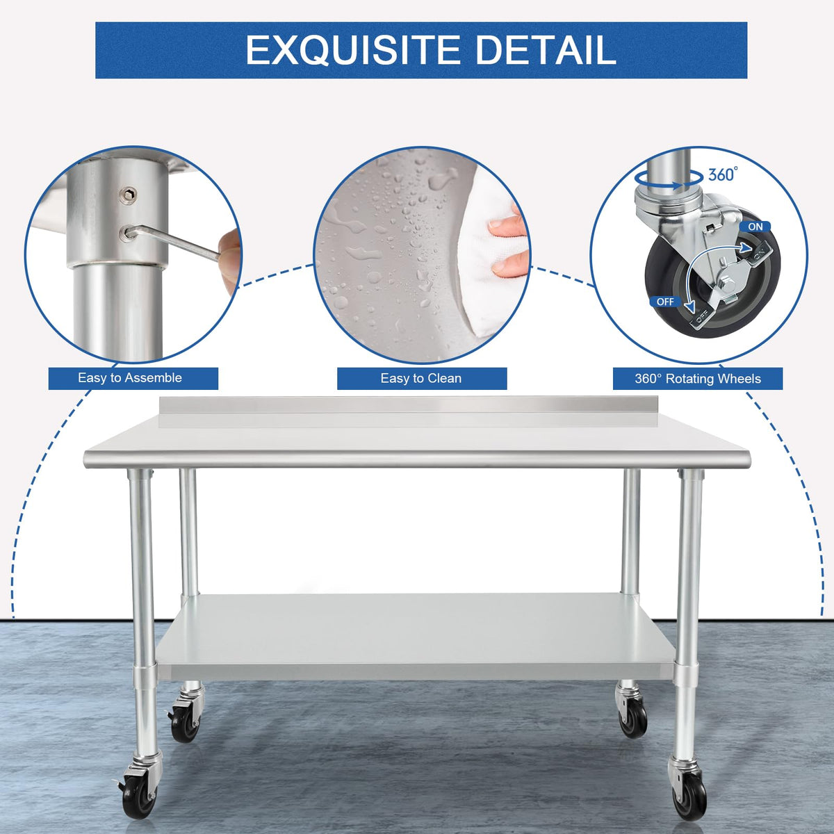 HARDURA Stainless Steel Table 24 x 48 Inches with Wheels Casters NSF Heavy Duty Commercial Prep Table with 2” Backsplash and Adjustable Undershelf for Restaurant Kitchen Home and Hotel