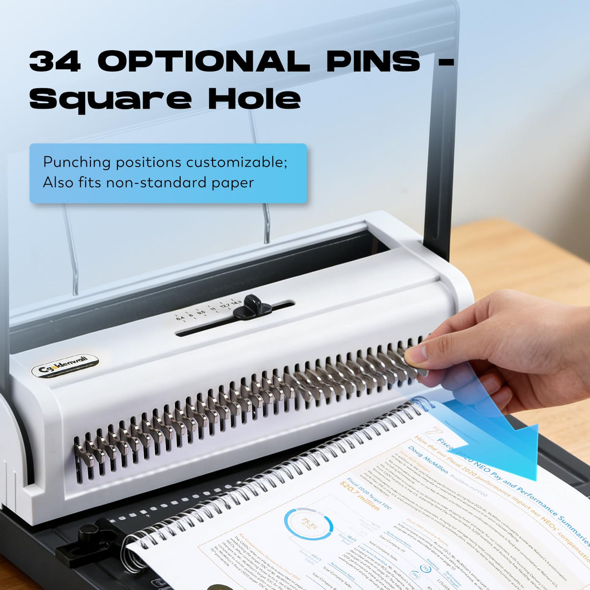 CGOLDENWALL Wire Binding Machine, Wire-O Binder, 3:1 Pitch 34 Holes, with 11 Coils Included, Punch 20 Sheets Bind 140 Sheets, Adjustable Pins Margins (Square Hole)